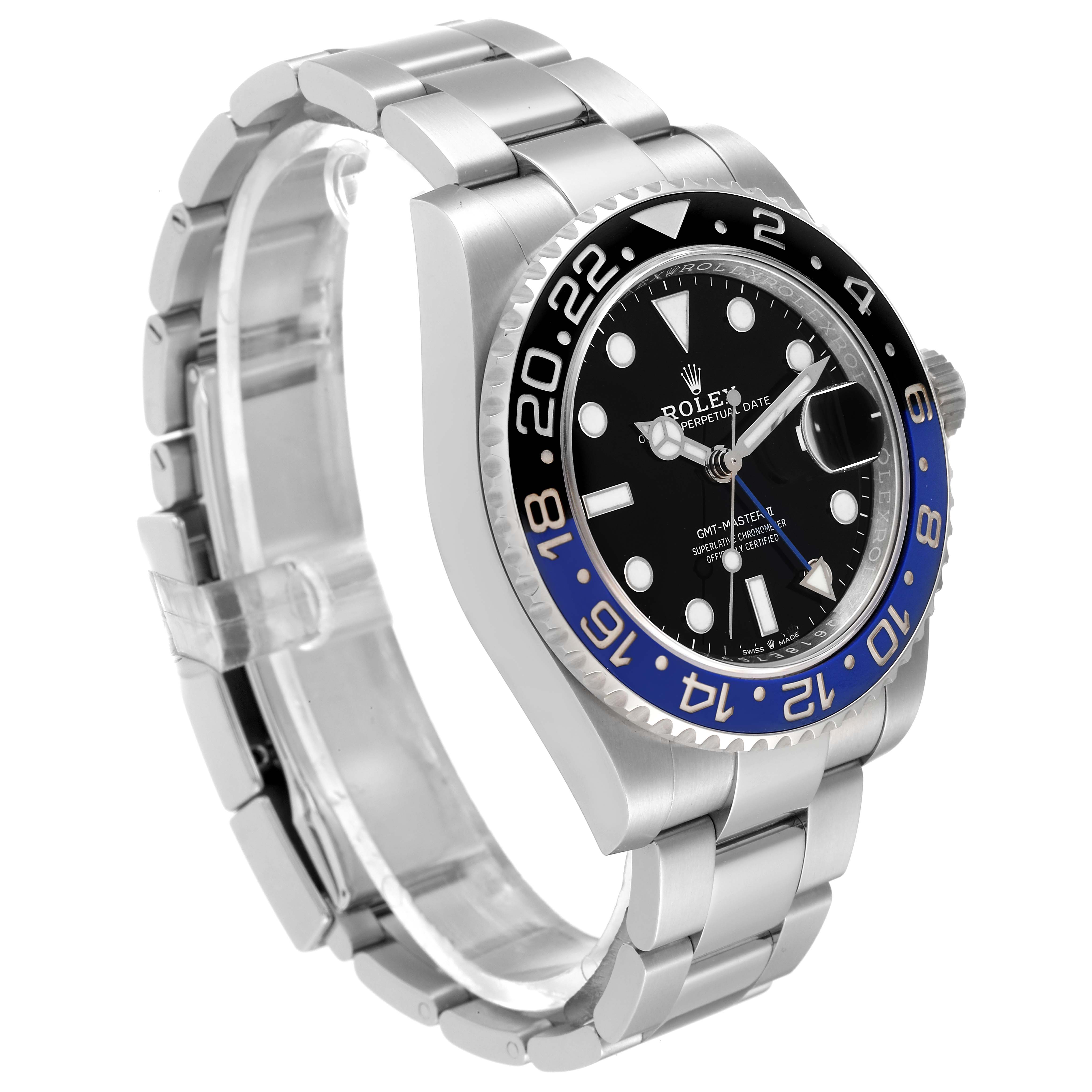 The image shows a side view of the Rolex GMT-Master 126710 Men's Stainless Steel Black Dial 126710 Men's Stainless Steel Black Dial watch, highlighting the bracelet, bezel, and dial.
