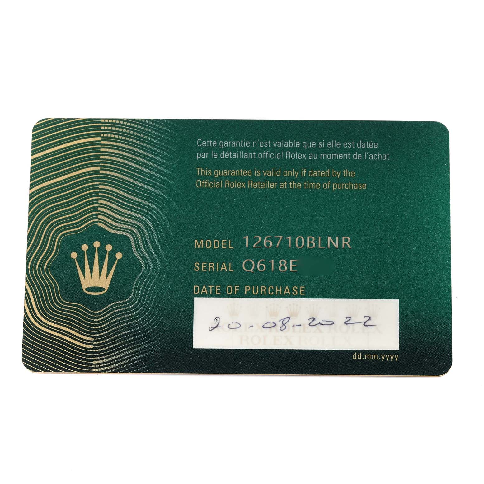 This image shows the warranty card for a Rolex GMT-Master 126710 Men's Stainless Steel Black Dial 126710 Men's Stainless Steel Black Dial, model 126710BLNR, with purchase details.