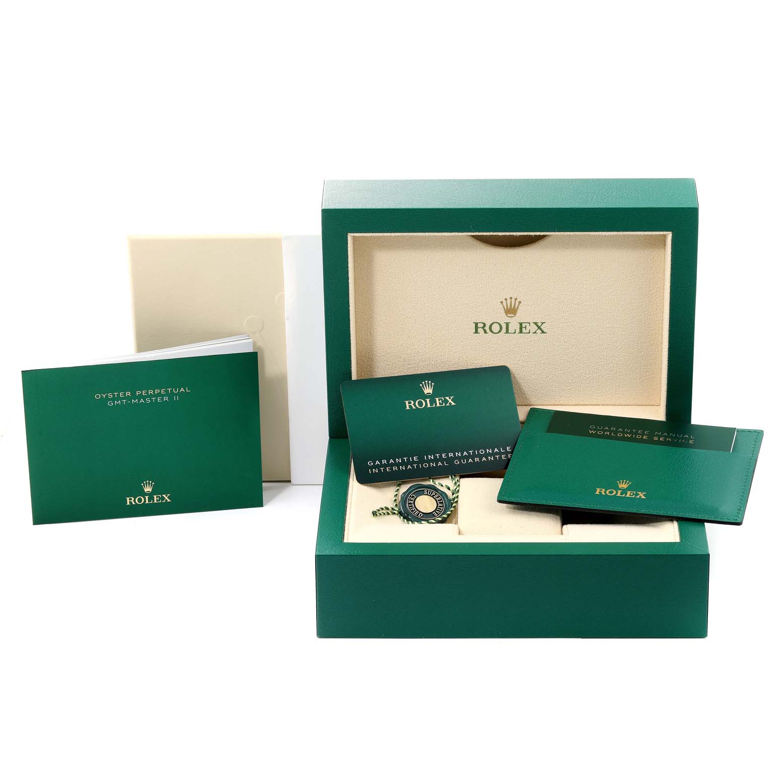 This image shows the packaging and accessories of a Rolex GMT-Master 126710 Men's Stainless Steel Black Dial 126710 Men's Stainless Steel Black Dial watch, including the box, booklets, and warranty cards.