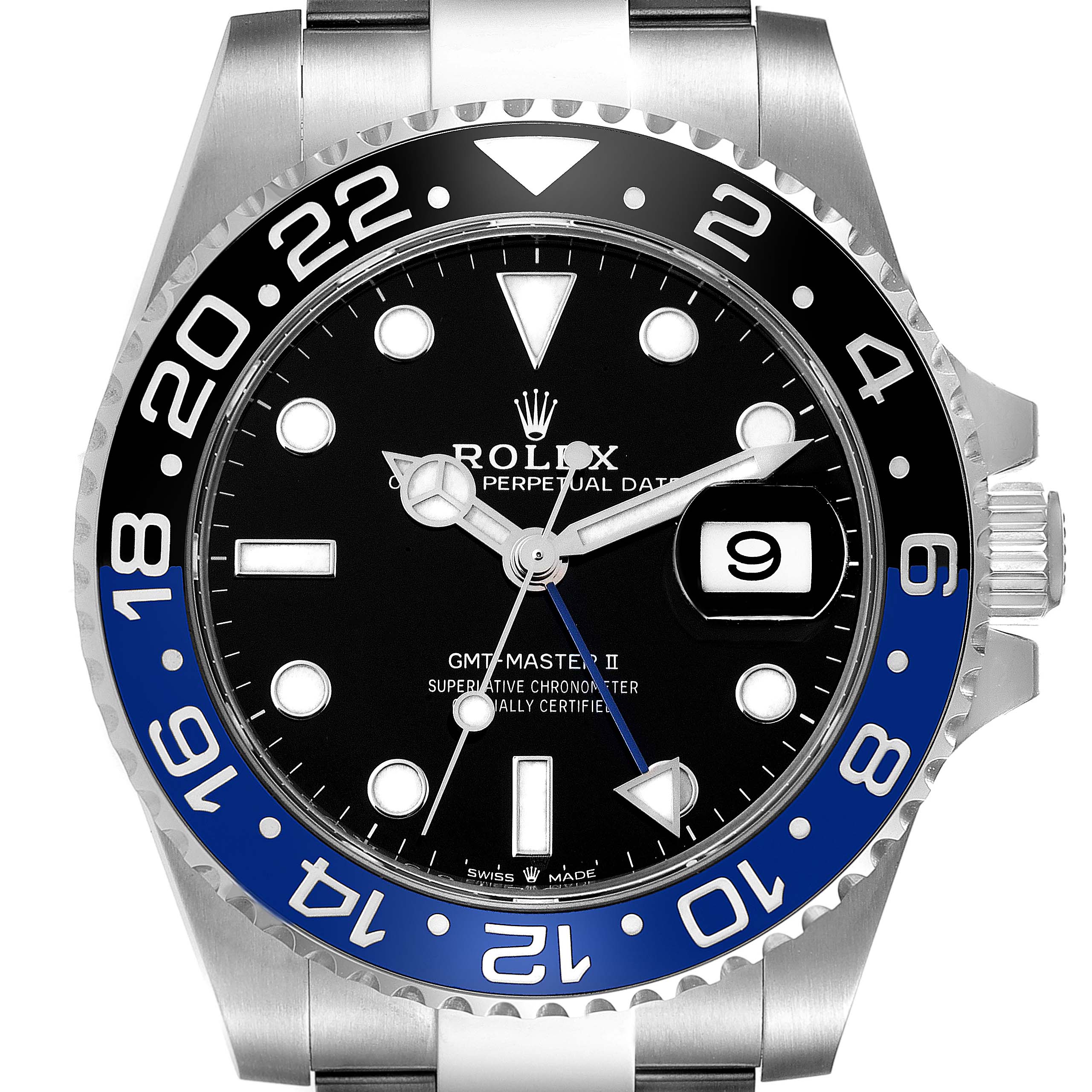This is a close-up front view of a Rolex GMT-Master 126710 Men's Stainless Steel Black Dial 126710 Men's Stainless Steel Black Dial II watch, showing the dial, bezel, hands, and date window.