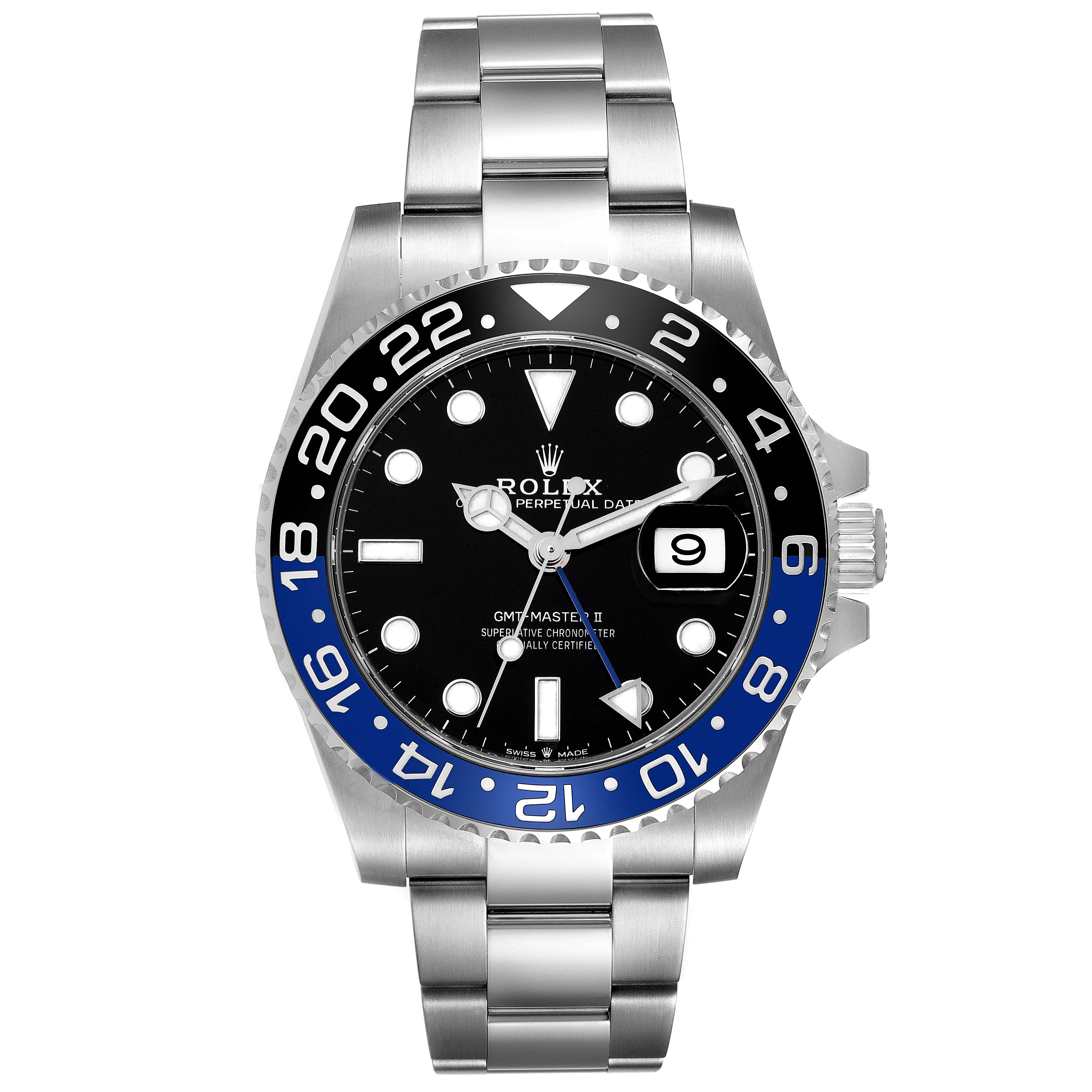 This is a frontal view of a Rolex GMT-Master 126710 Men's Stainless Steel Black Dial 126710 Men's Stainless Steel Black Dial II watch showing the dial, bezel, bracelet, and crown.