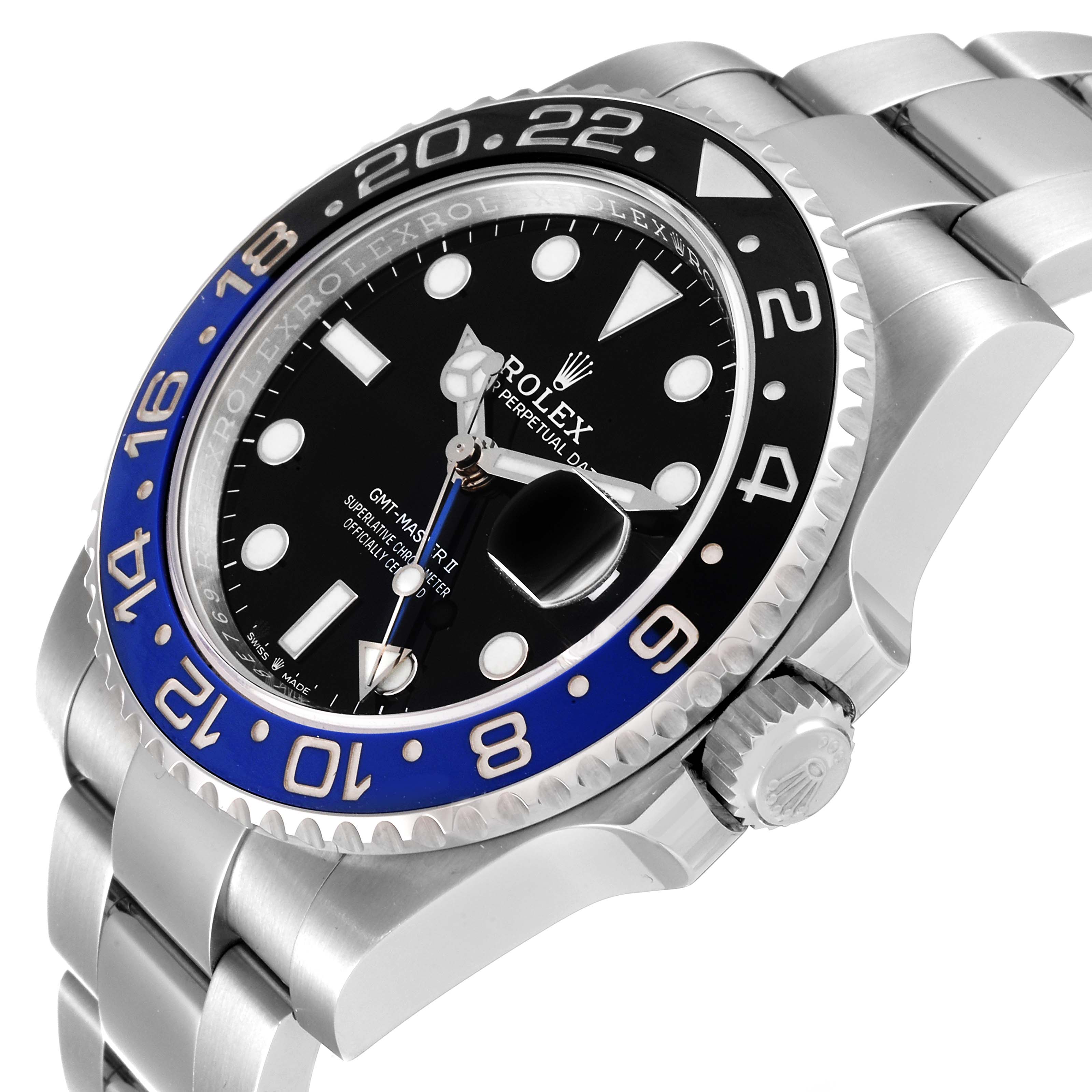 This image shows the Rolex GMT-Master 126710 Men's Stainless Steel Black Dial 126710 Men's Stainless Steel Black Dial watch at an angle highlighting the bezel, crown, and part of the bracelet.