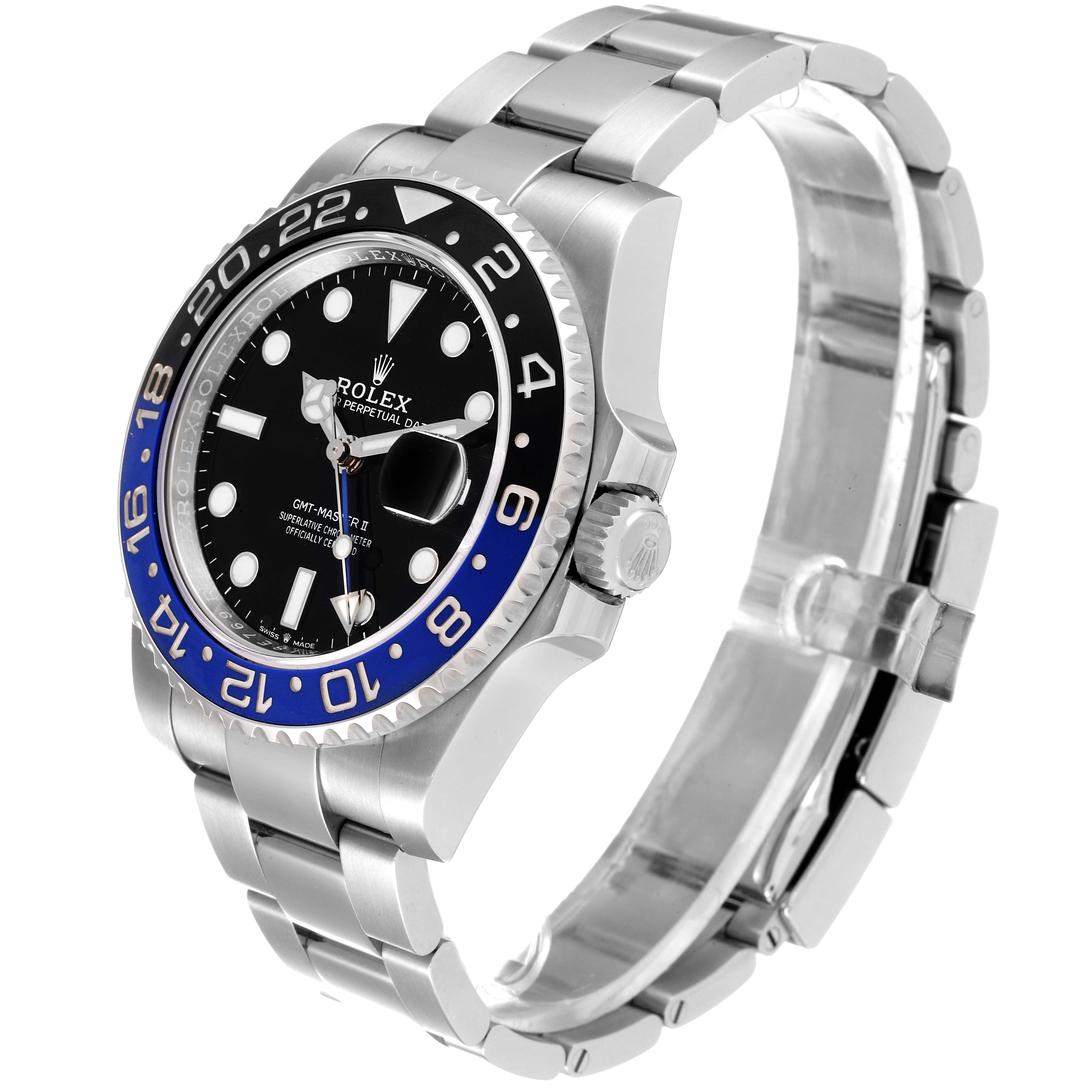 The image shows a side view of a Rolex GMT-Master 126710 Men's Stainless Steel Black Dial 126710 Men's Stainless Steel Black Dial II watch, highlighting the face, bezel, and bracelet.
