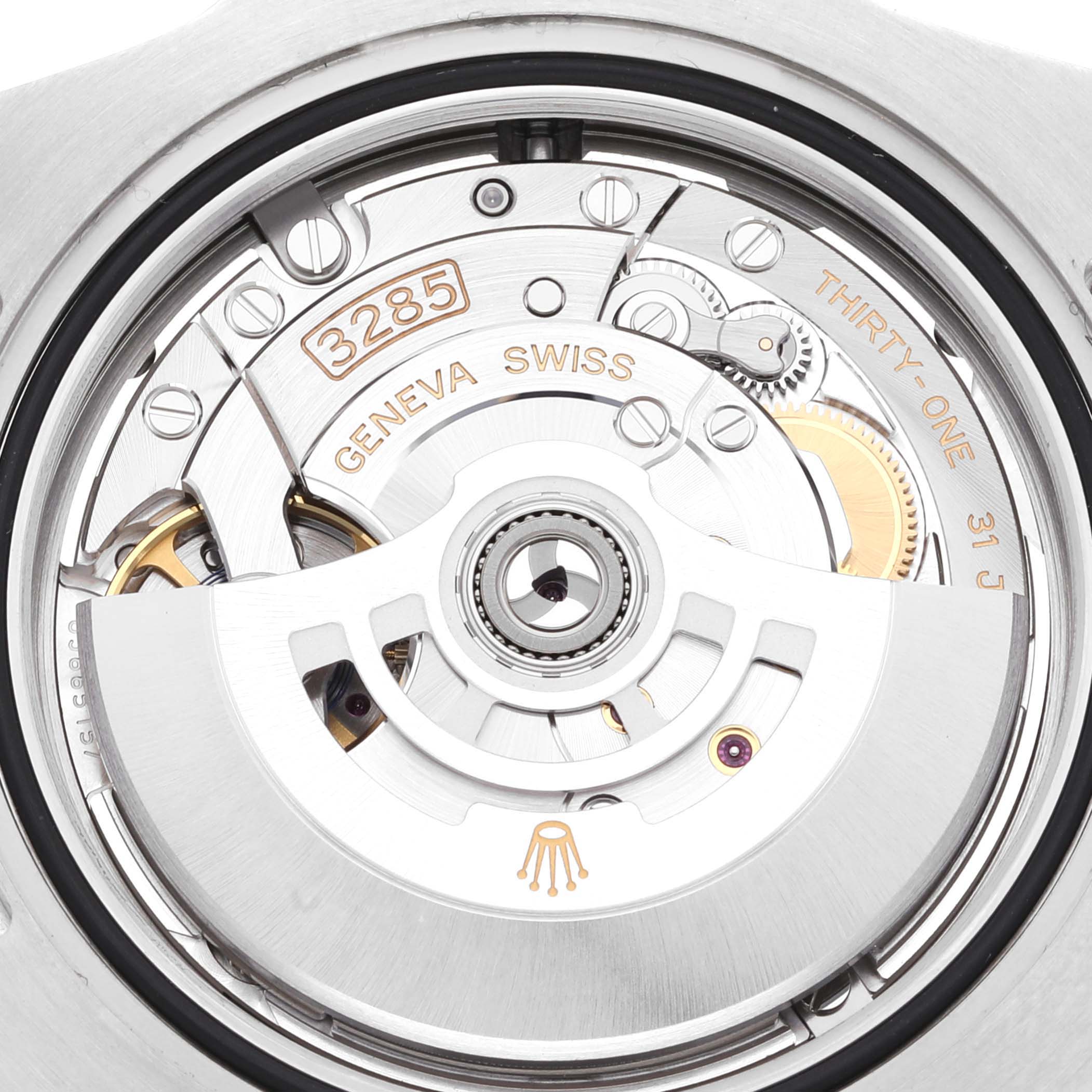 This image shows the movement of a Rolex GMT-Master 126710 Men's Stainless Steel Black Dial 126710 Men's Stainless Steel Black Dial, model 3285, focusing on the internal mechanical parts labeled "Geneva Swiss."