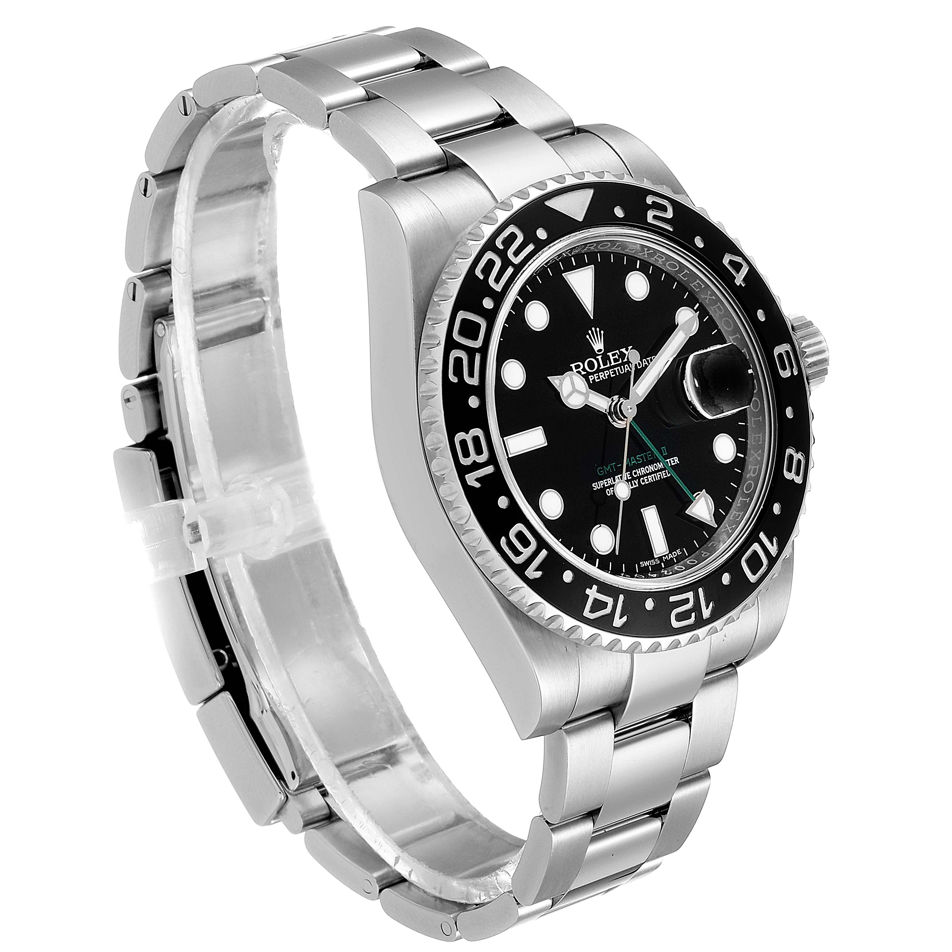 The image shows a Rolex GMT-Master 116710 Men
s Stainless Steel Black Dial 116710 Men
s Stainless Steel Black Dial watch from a three-quarter angle, highlighting the watch face, bezel, and part of the metal bracelet.