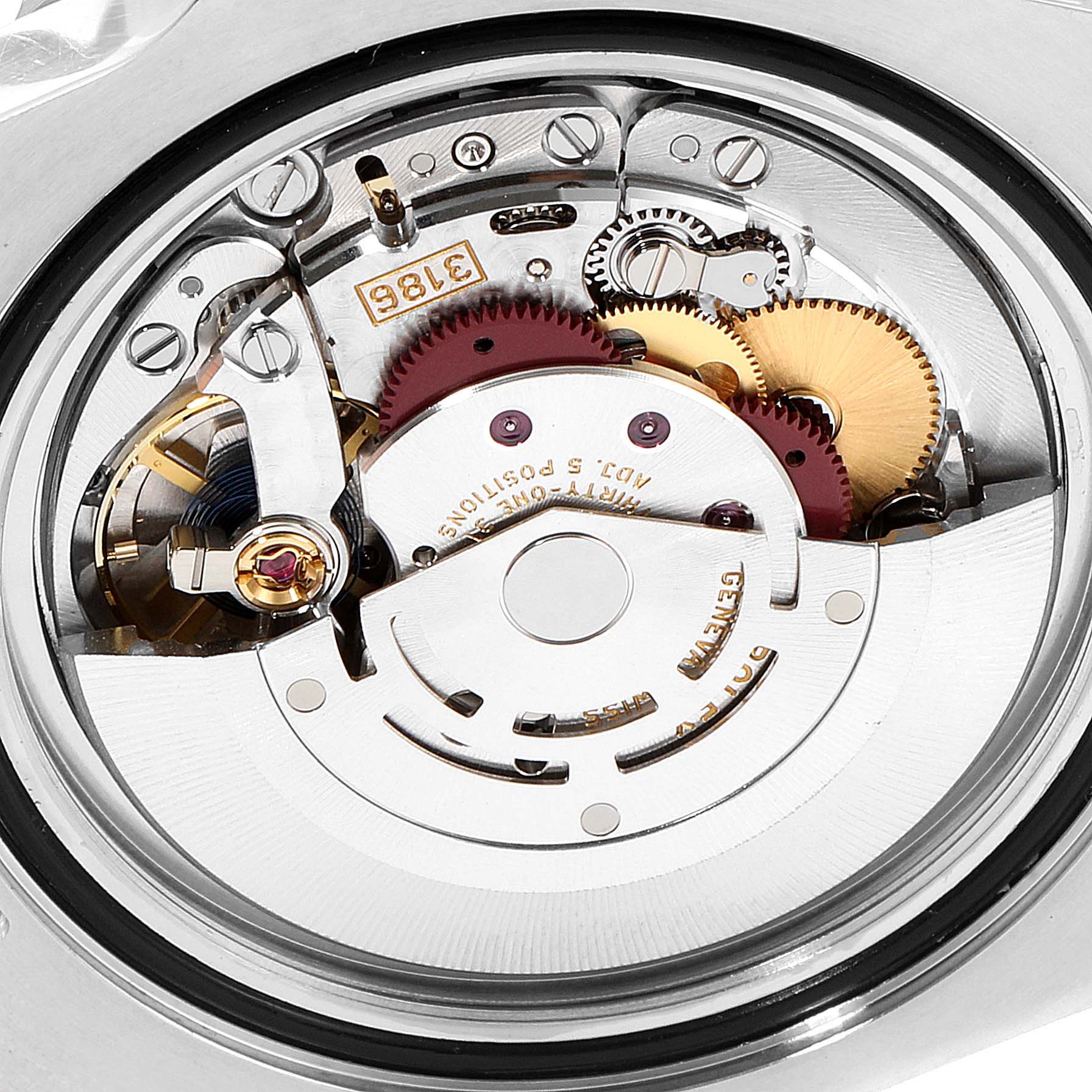 This is a close-up view of the movement inside a Rolex GMT-Master 116710 Men
s Stainless Steel Black Dial 116710 Men
s Stainless Steel Black Dial watch, showing gears and internal components.