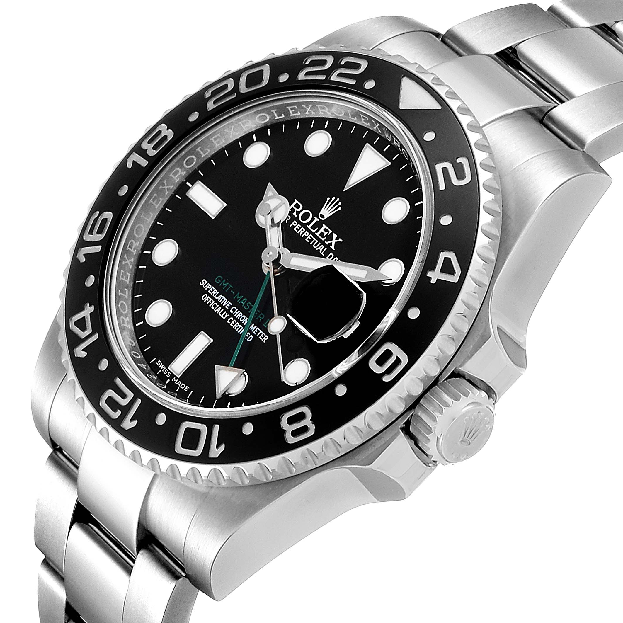 The image shows a close-up of the Rolex GMT-Master 116710 Men
s Stainless Steel Black Dial 116710 Men
s Stainless Steel Black Dial watch, highlighting the bezel, dial, and part of the bracelet from a side angle.