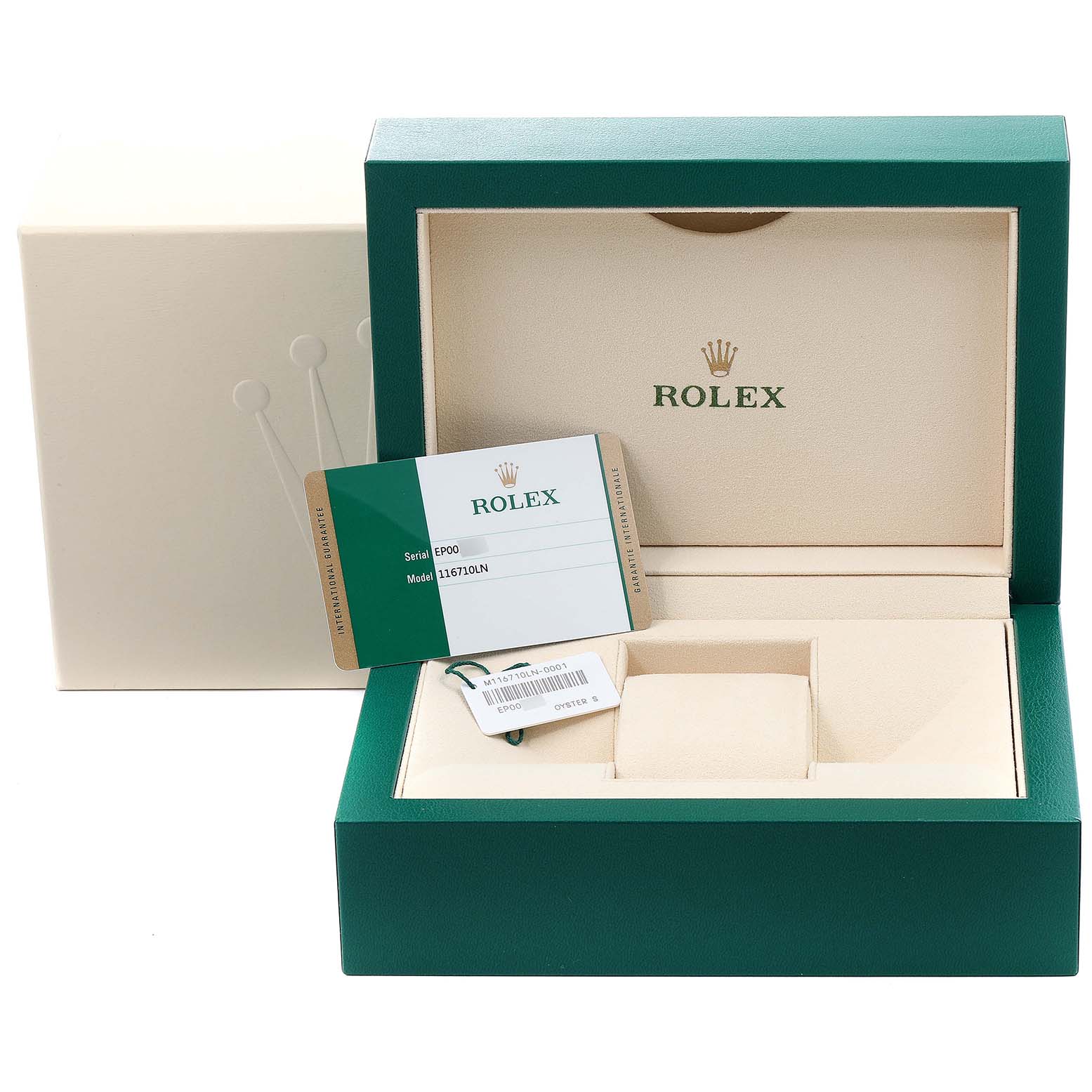 The image shows the packaging, warranty card, and tags for a Rolex GMT-Master 116710 Men
s Stainless Steel Black Dial 116710 Men
s Stainless Steel Black Dial watch, model 116710LN.