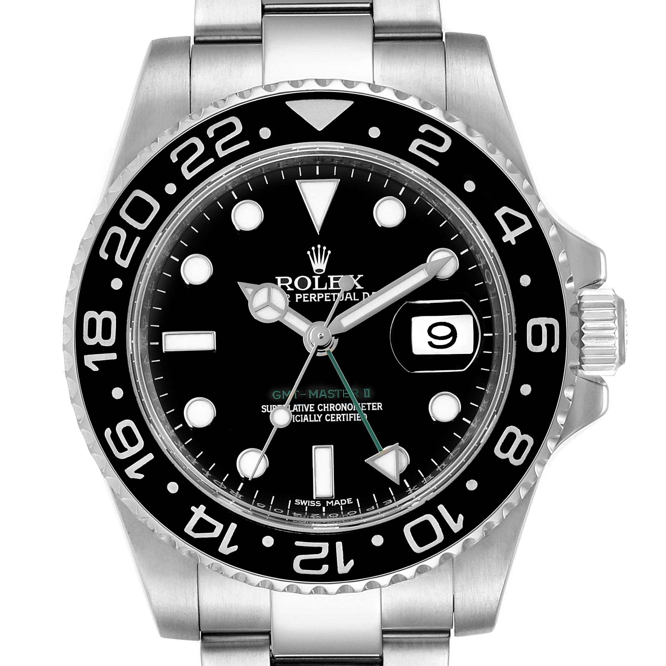 This image shows a front view of a Rolex GMT-Master 116710 Men
s Stainless Steel Black Dial 116710 Men
s Stainless Steel Black Dial II watch, highlighting the face, bezel, and part of the bracelet.