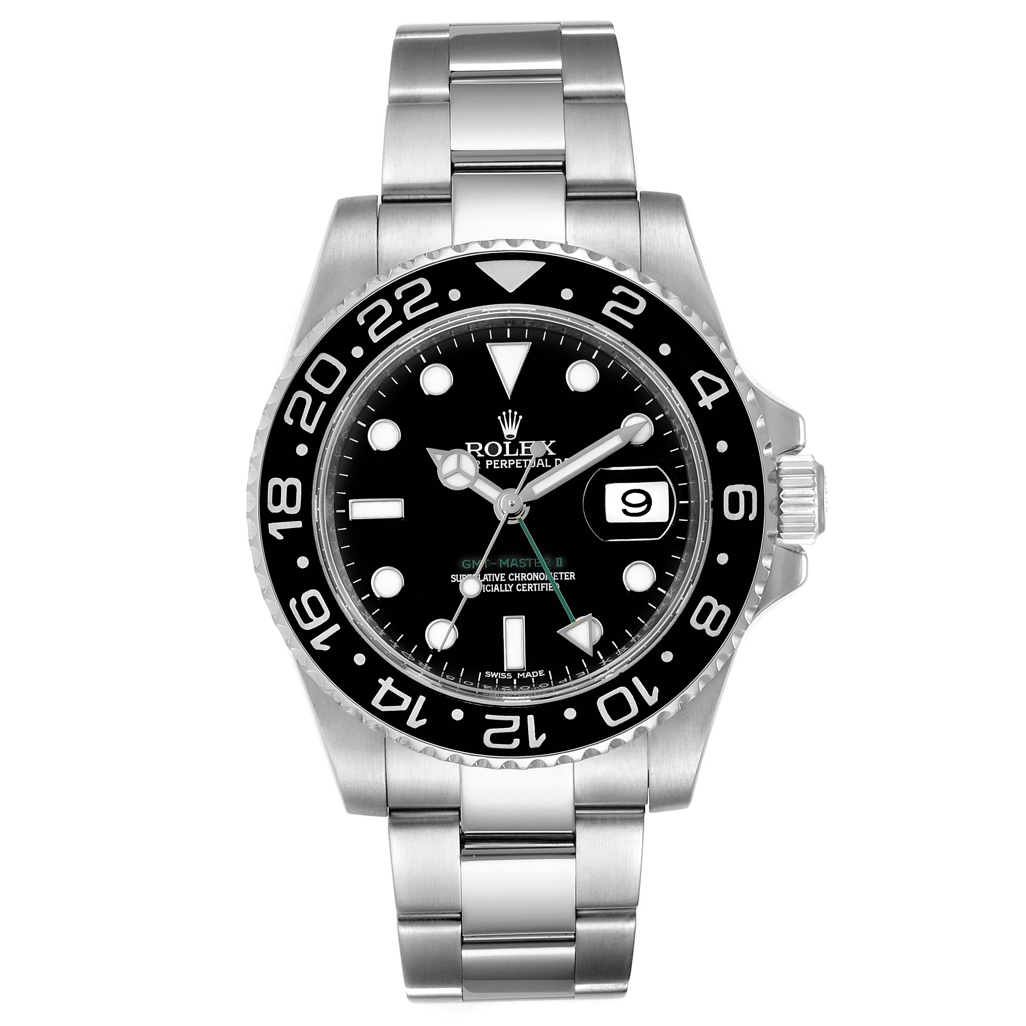 The image shows a front view of a Rolex GMT-Master 116710 Men
s Stainless Steel Black Dial 116710 Men
s Stainless Steel Black Dial II watch, displaying its bezel, dial, and bracelet.