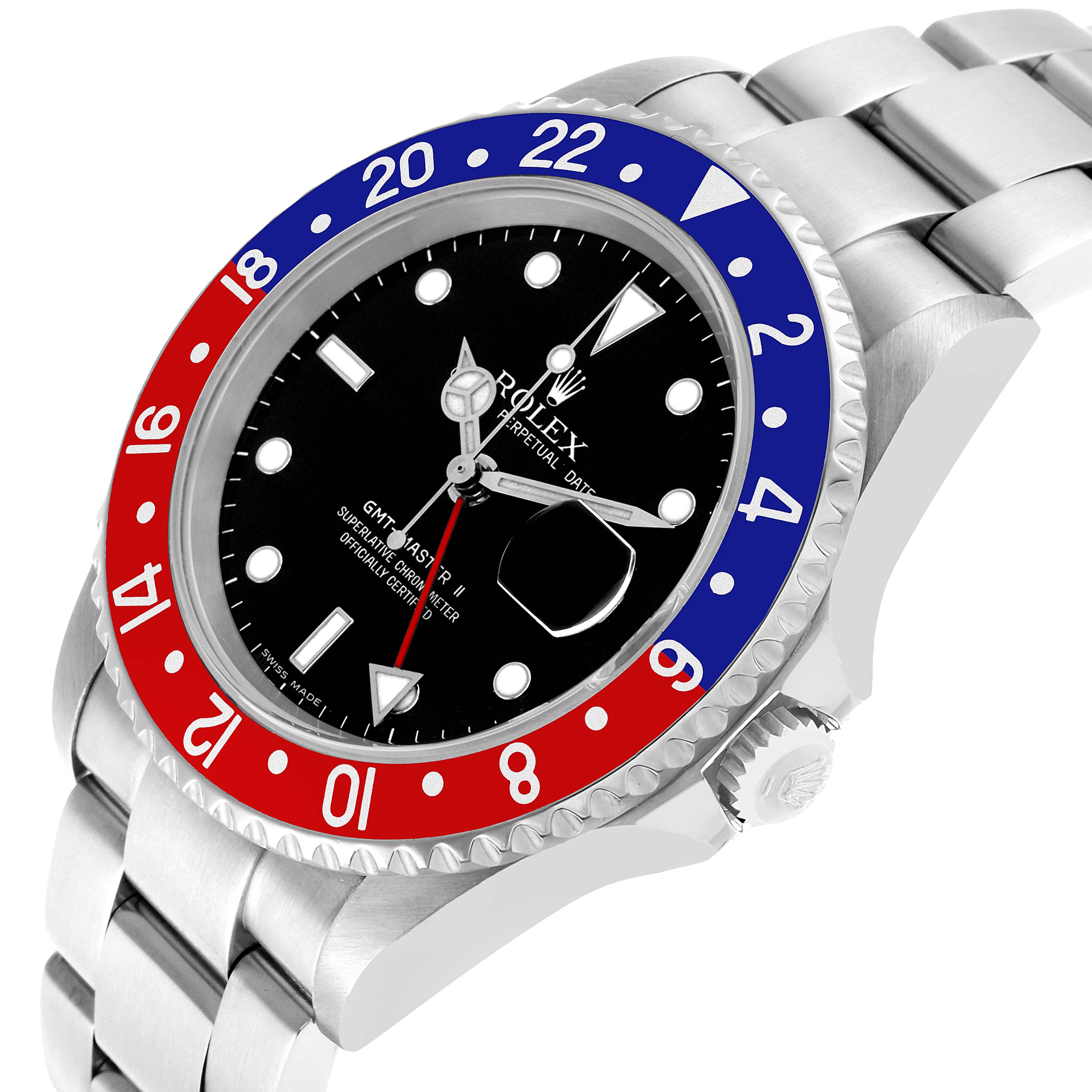 The Rolex GMT-Master 16710 Men's Stainless Steel Black Dial watch is shown at a three-quarter angle displaying the bezel, crown, dial, and bracelet.