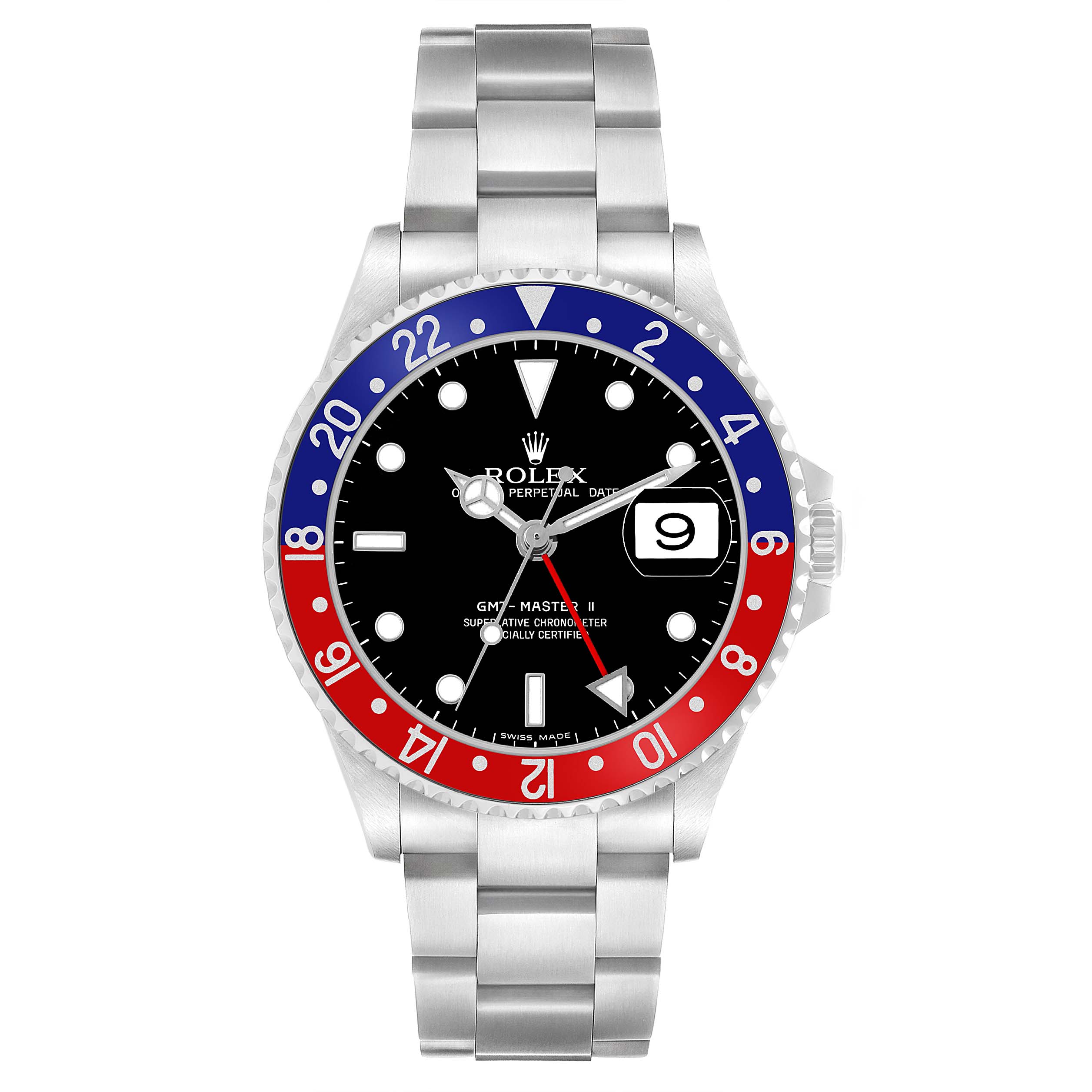 The Rolex GMT-Master 16710 Men's Stainless Steel Black Dial is shown from a front angle, displaying the bezel, dial, hands, bracelet, and date window.