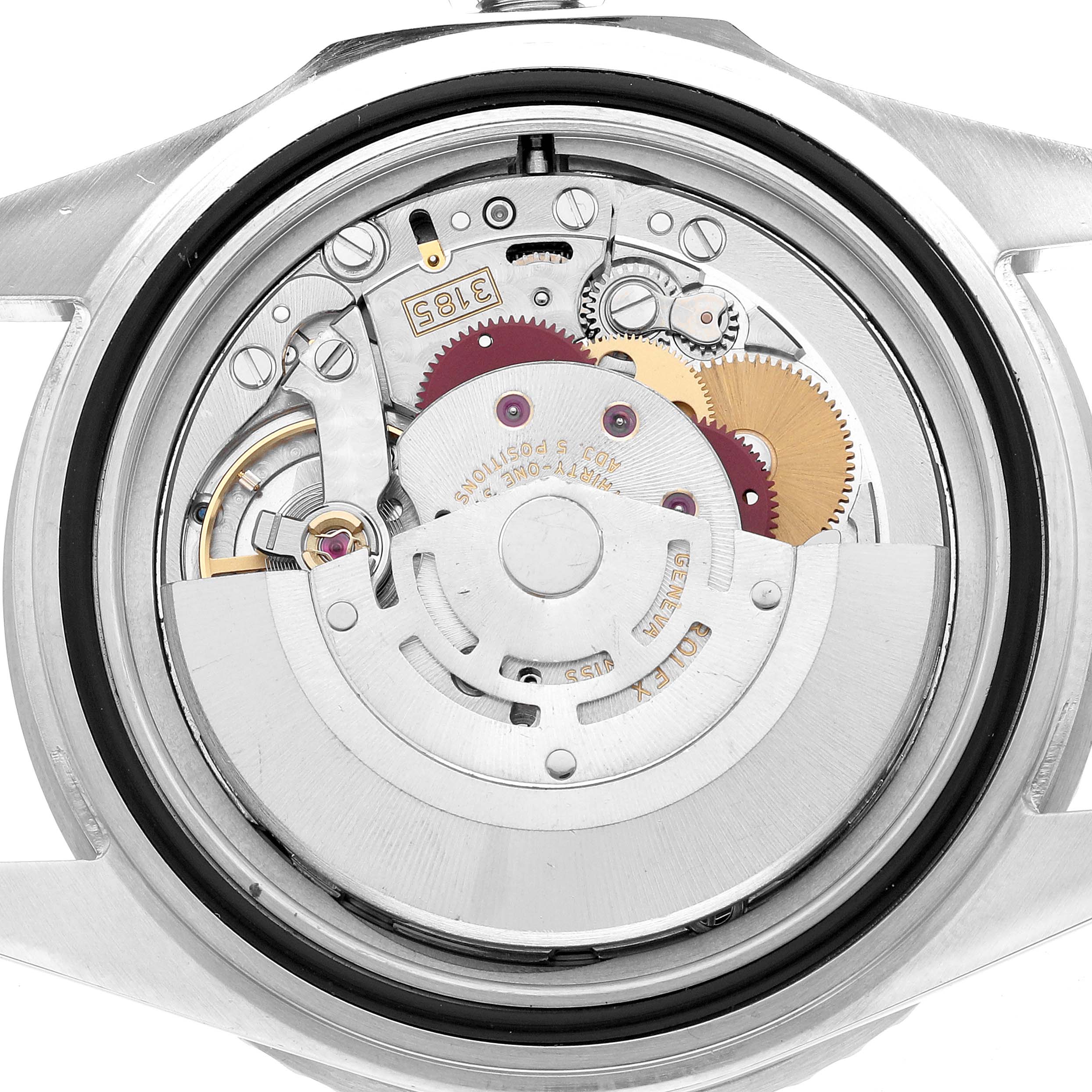 The image shows the movement of a Rolex GMT-Master 16710 Men's Stainless Steel Black Dial watch from a rear angle, revealing its inner mechanical components.