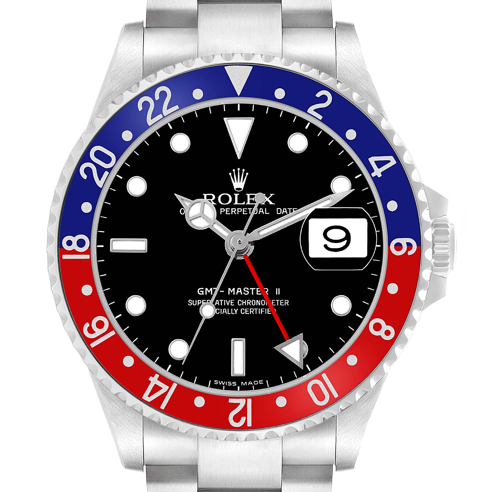 The image shows a front view of the Rolex GMT-Master 16710 Men's Stainless Steel Black Dial II watch, highlighting the bezel, dial, and date window.