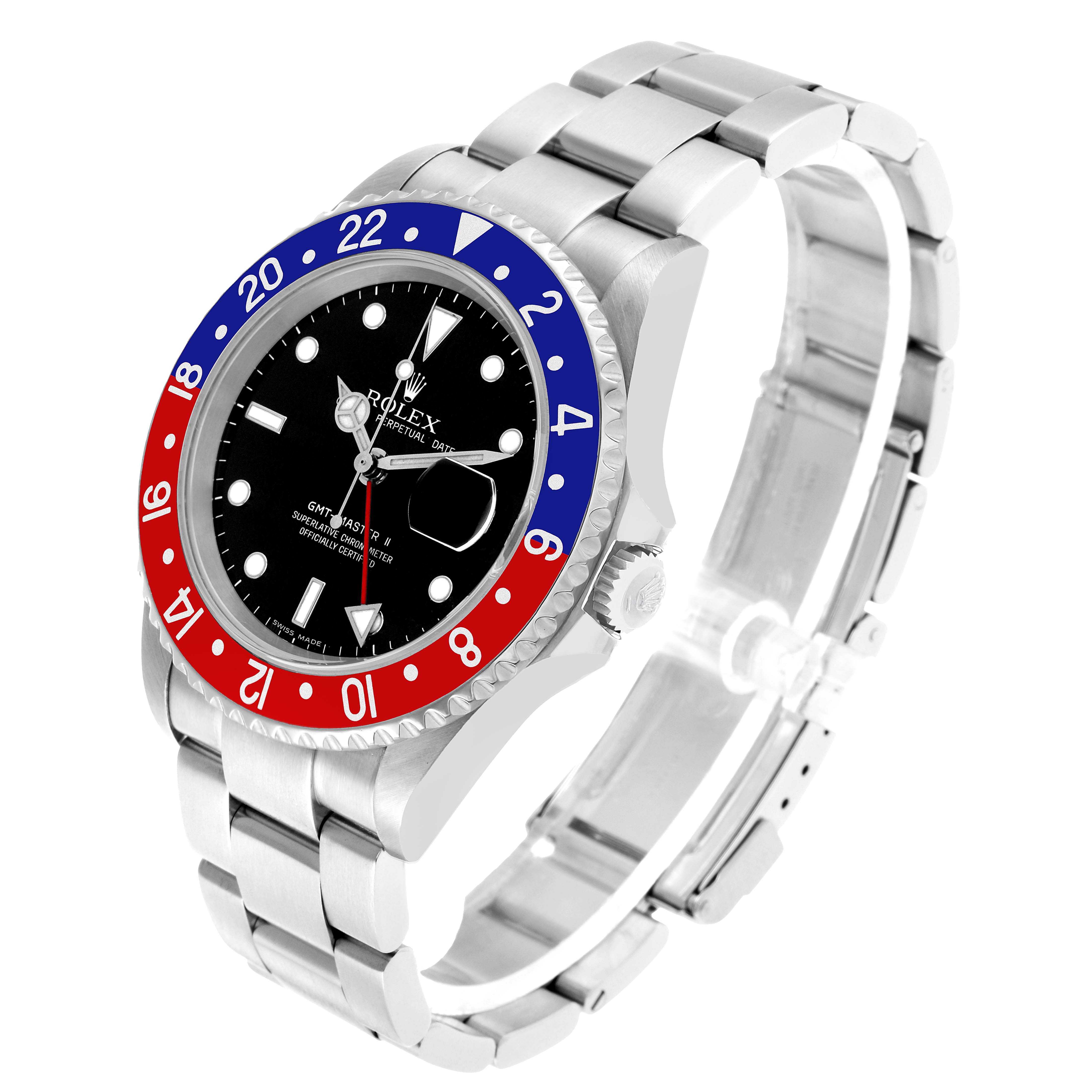 The Rolex GMT-Master 16710 Men's Stainless Steel Black Dial watch is shown at a three-quarter angle, displaying the bezel, dial, crown, and bracelet.