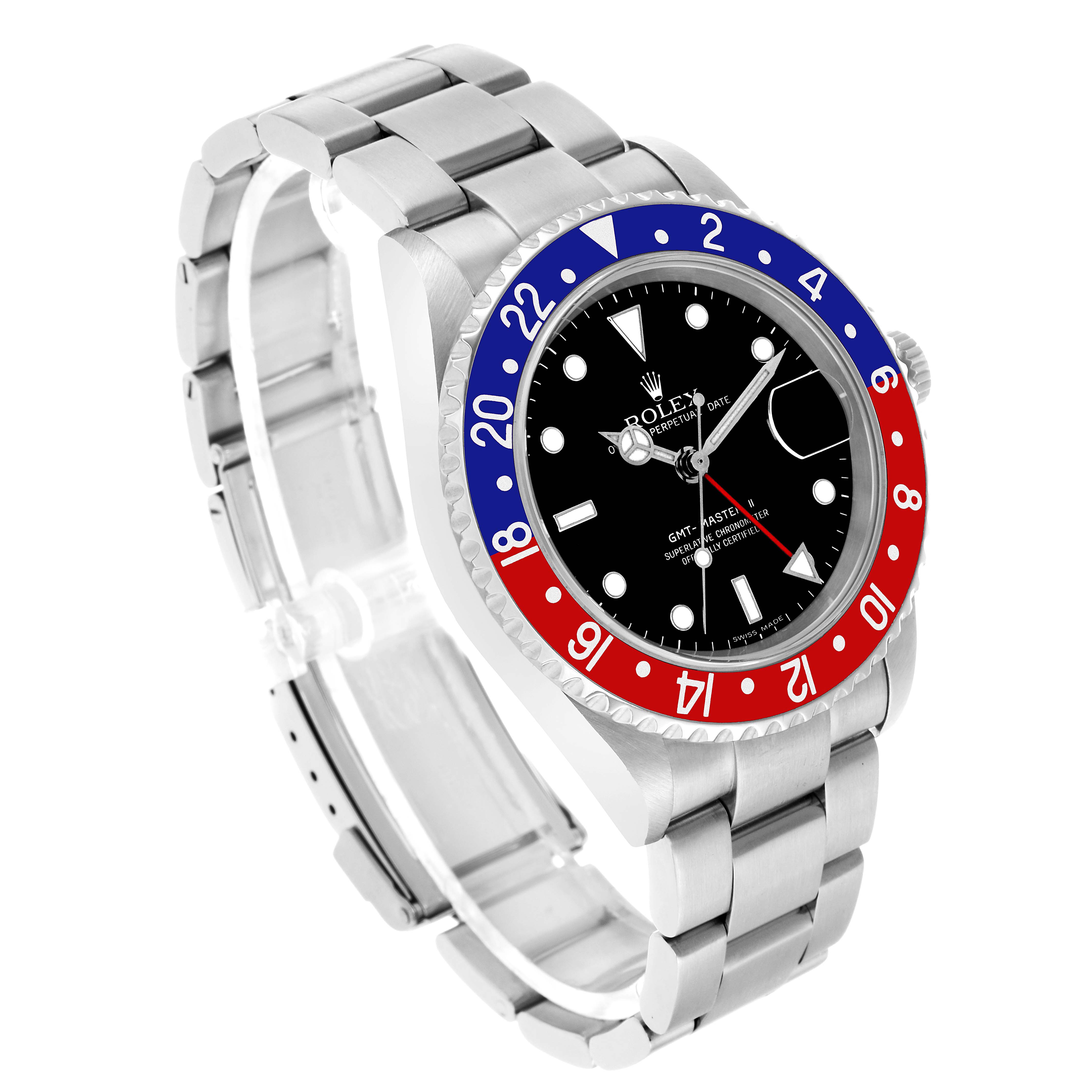 The Rolex GMT-Master 16710 Men's Stainless Steel Black Dial watch is shown at a slight angle, highlighting the bezel, dial, and part of the bracelet.