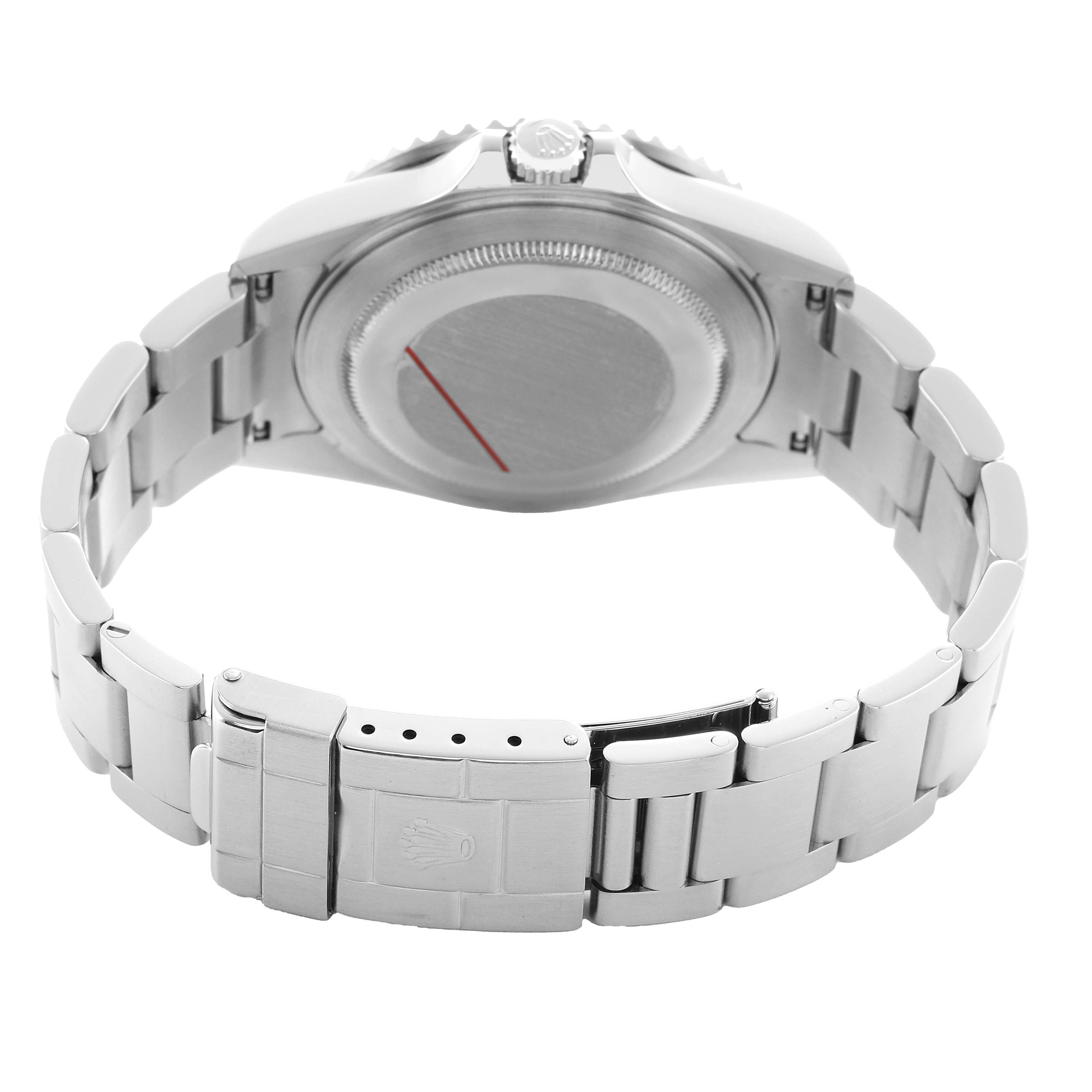 The image shows the back view of a Rolex GMT-Master 16710 Men's Stainless Steel Black Dial watch, featuring its case back and metal bracelet.