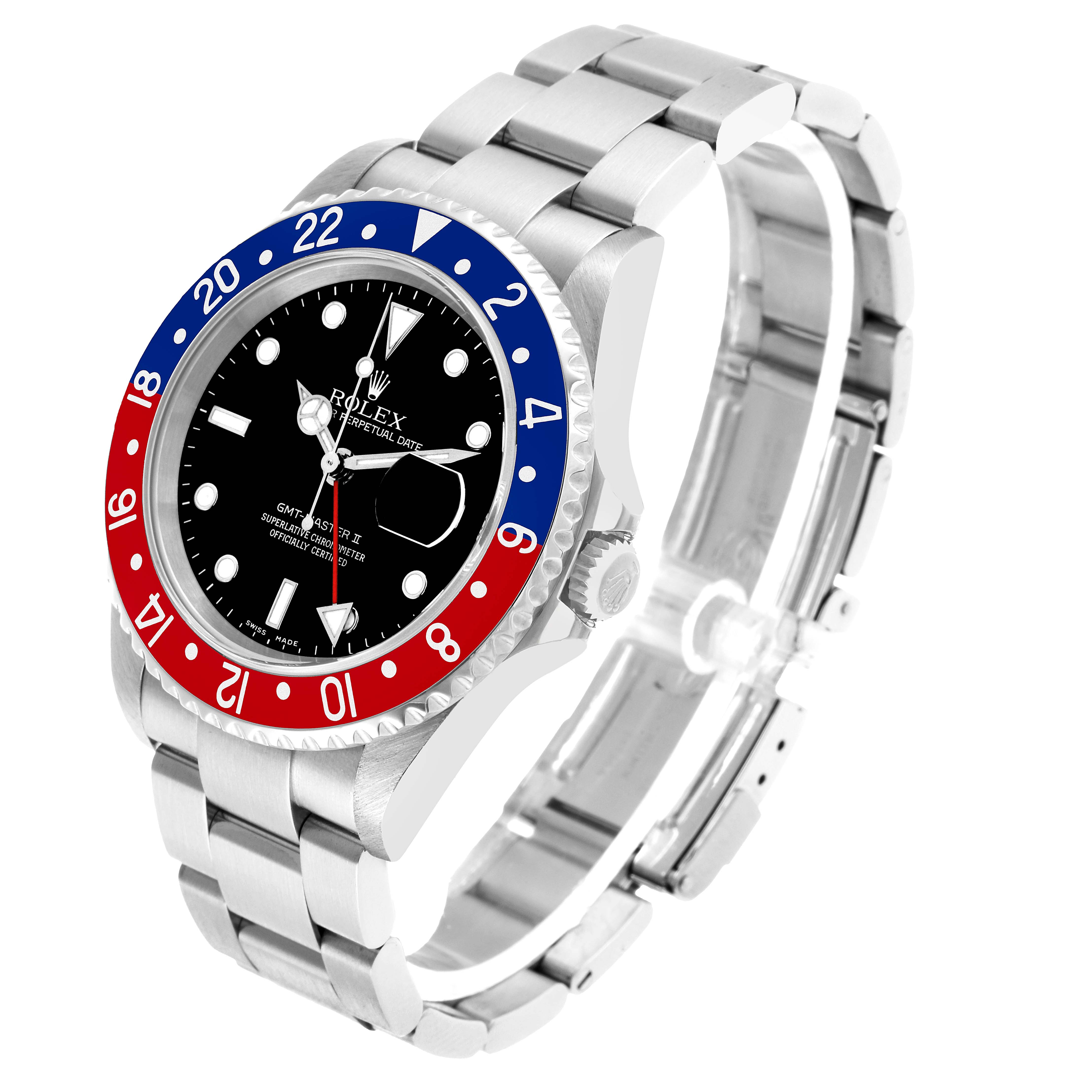 The Rolex GMT-Master 16710 Men's Stainless Steel Black Dial watch is shown at an angled side view, displaying the dial, bezel, case, crown, and part of the bracelet.