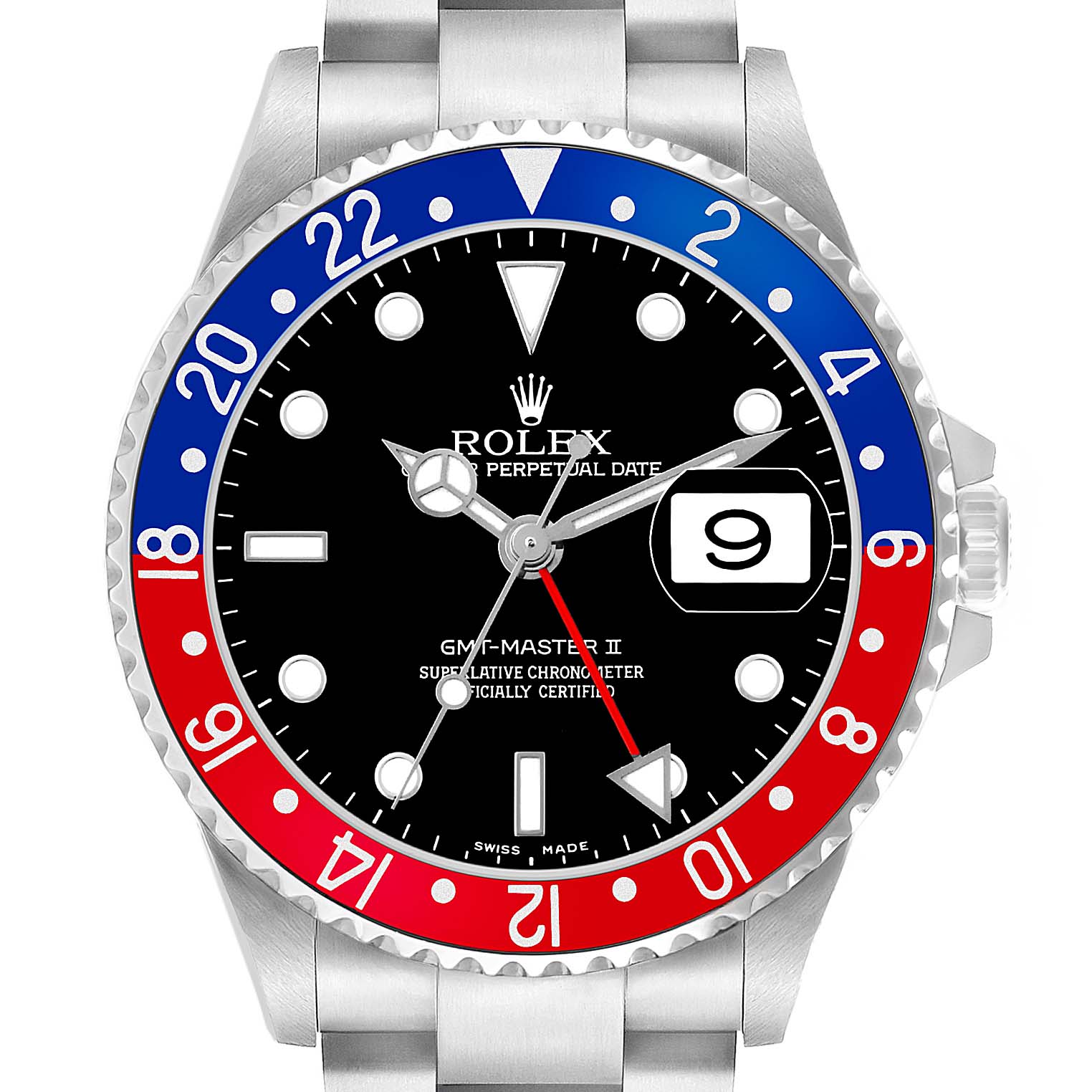 The Rolex GMT-Master 16710 Men's Stainless Steel Black Dial's face is shown head-on, displaying the bezel, dial, hands, date, and part of the bracelet.