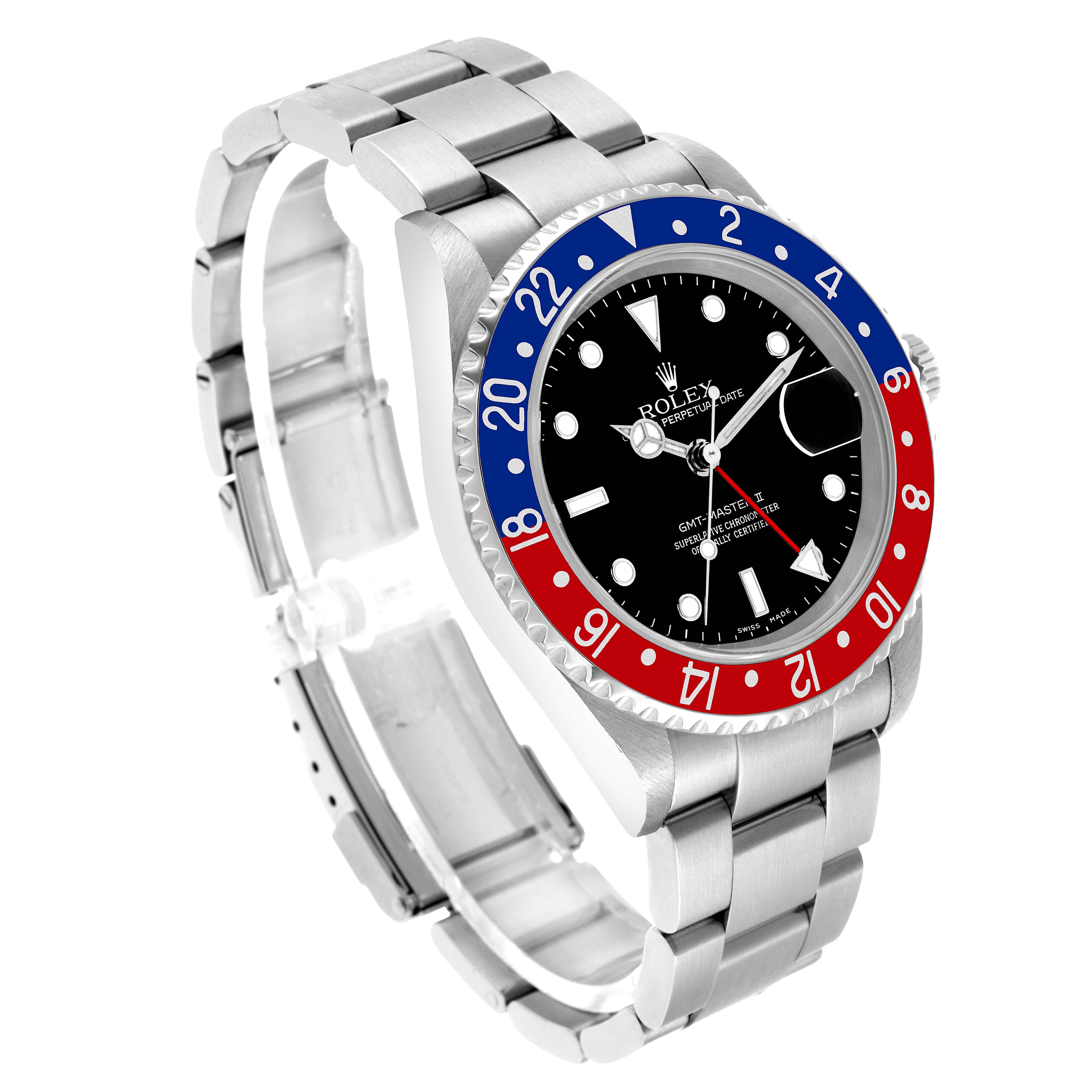 The Rolex GMT-Master 16710 Men's Stainless Steel Black Dial watch is shown at an angled side view, highlighting the bezel, dial, bracelet, and case.