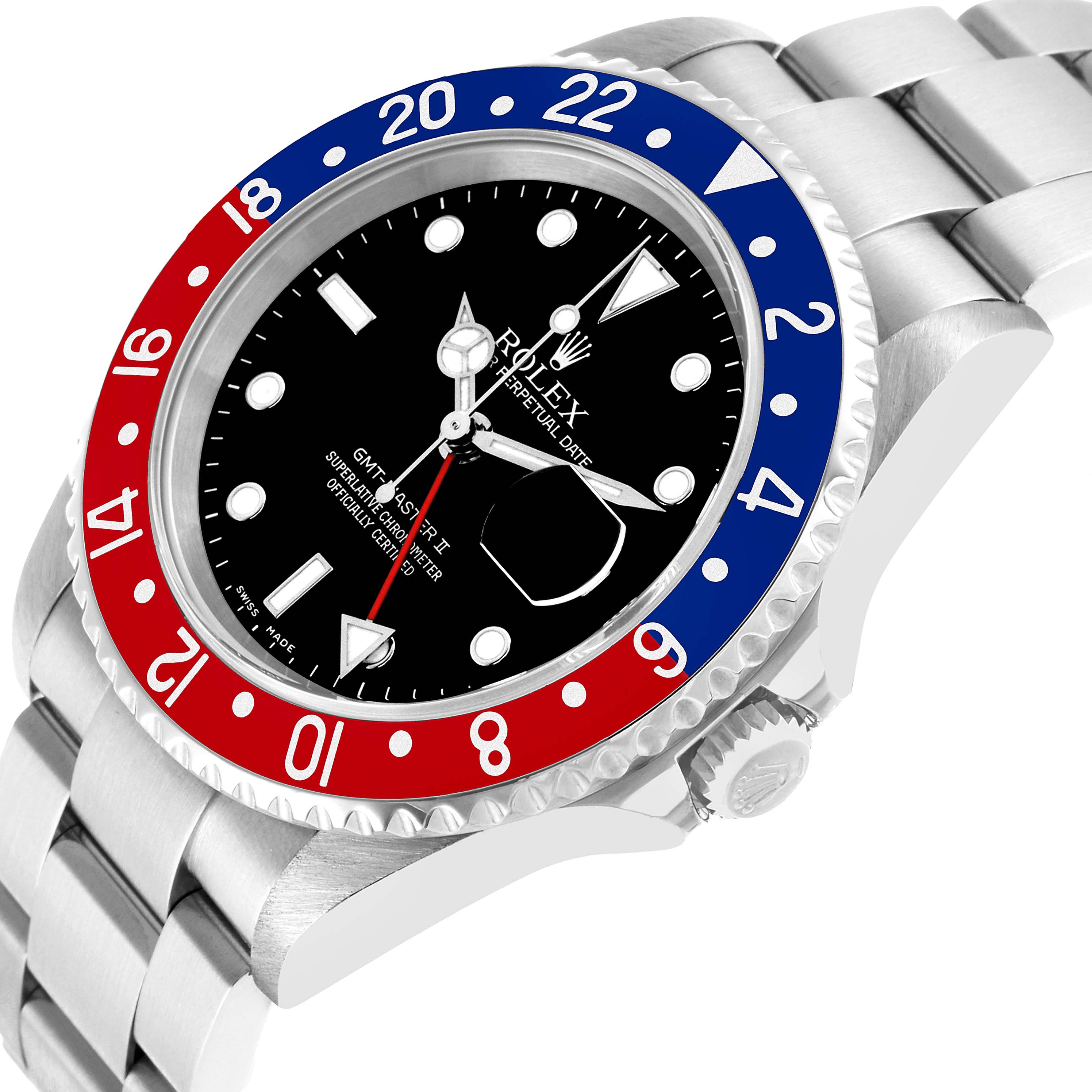 The Rolex GMT-Master 16710 Men's Stainless Steel Black Dial watch is shown at an angle highlighting the bezel, dial, bracelet, and crown.