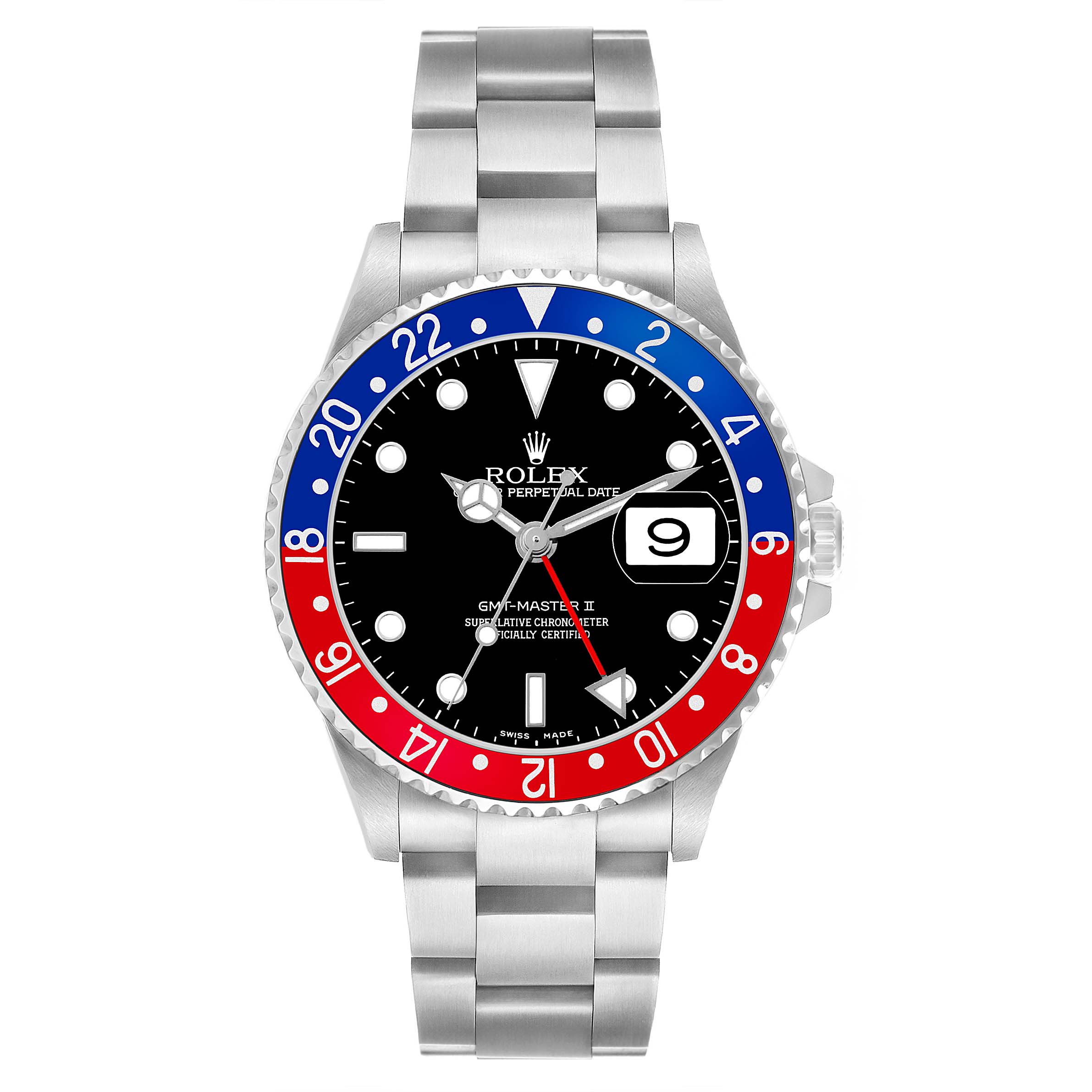 The Rolex GMT-Master 16710 Men's Stainless Steel Black Dial watch is shown from a top-down angle, displaying its bezel, dial, hands, and bracelet.
