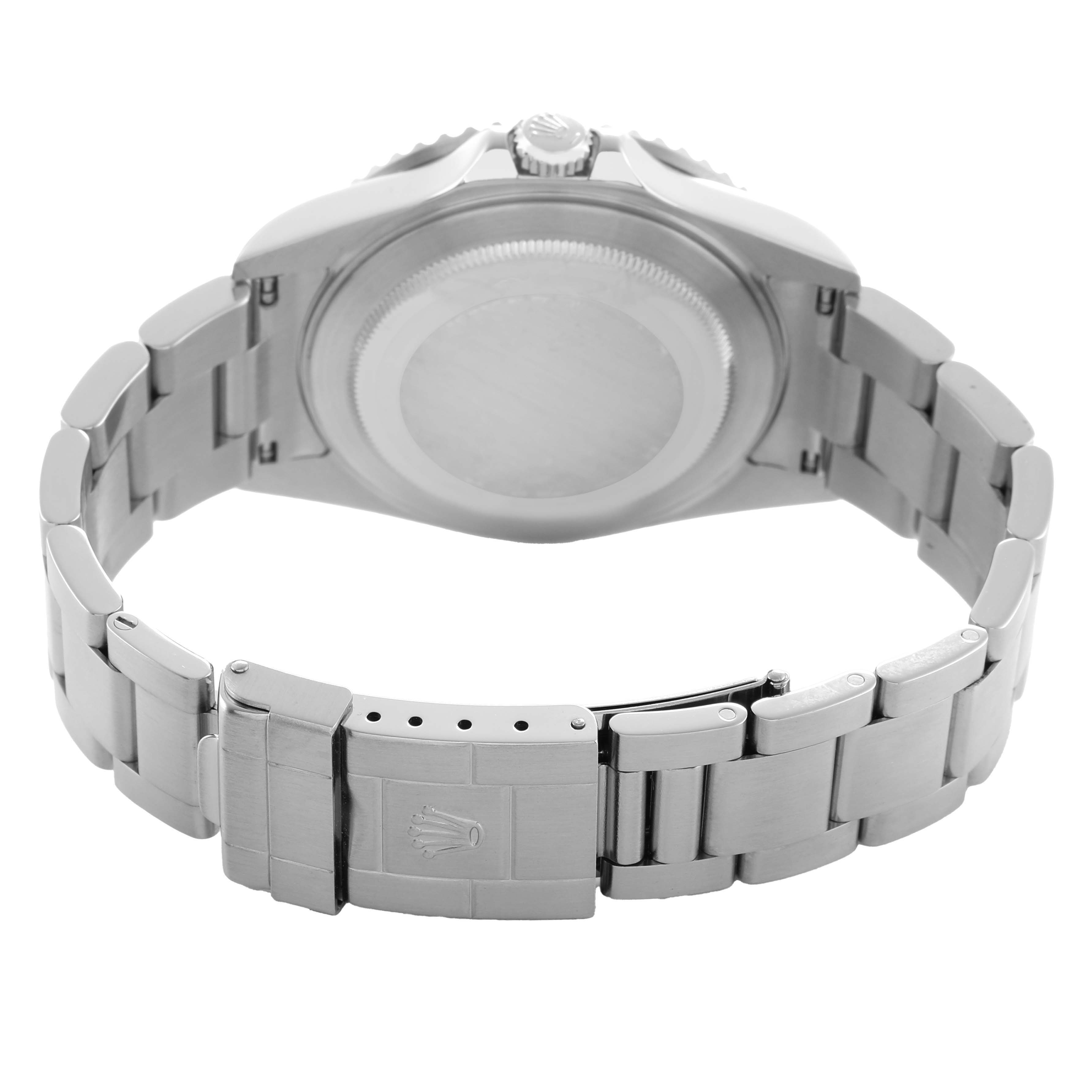 The image shows the back and bracelet of a Rolex GMT-Master 16710 Men's Stainless Steel Black Dial watch, highlighting the clasp and crown from a rear angle.