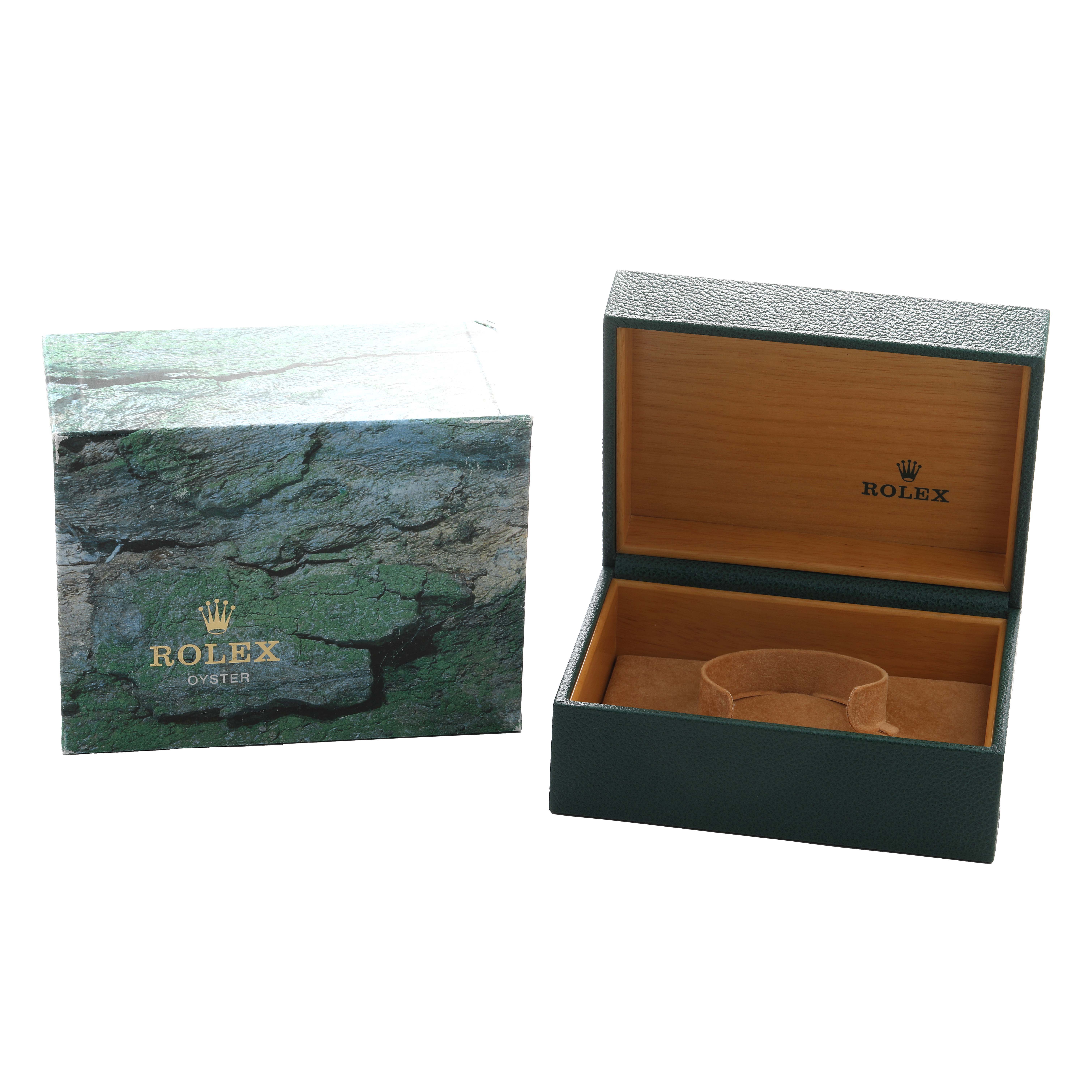 The image shows a Rolex GMT-Master 16710 Men's Stainless Steel Black Dial box set, including an outer box with a textured design and an open inner case with a watch holder.