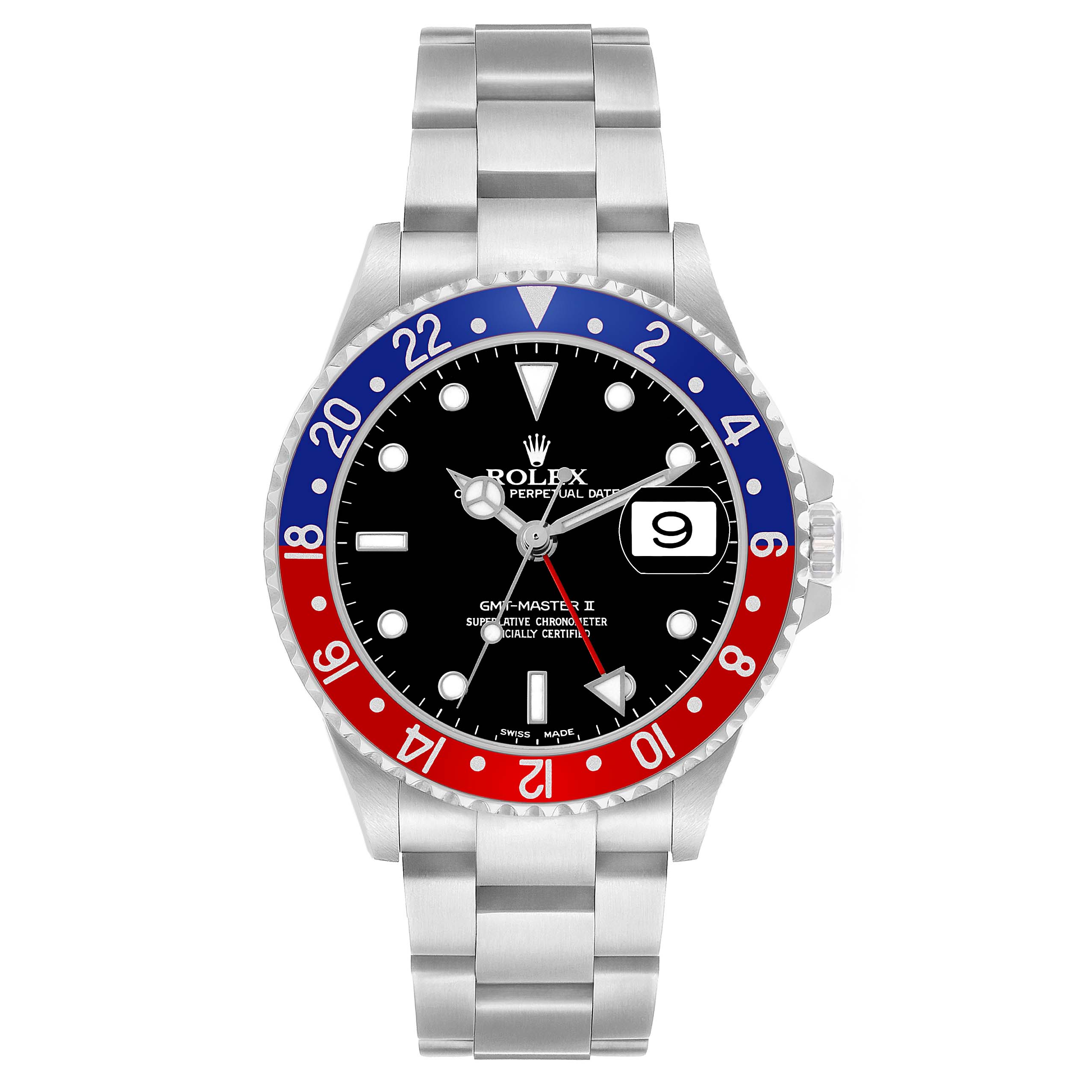 The Rolex GMT-Master 16710 Men's Stainless Steel Black Dial is shown from a straight-on angle, featuring the watch face, bezel, and part of the bracelet.