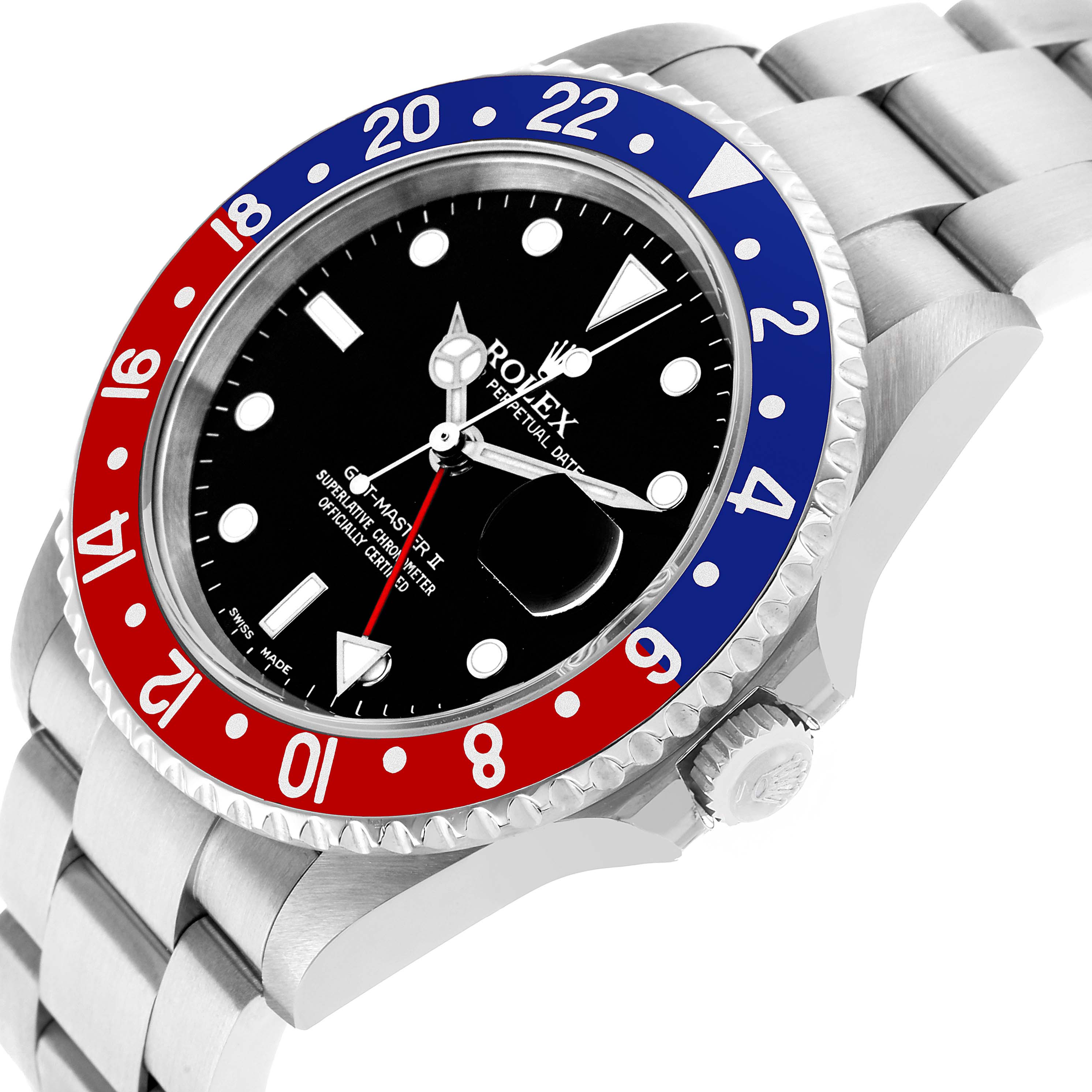 The Rolex GMT-Master 16710 Men's Stainless Steel Black Dial watch is shown at a side angle, highlighting the bezel, crown, and part of the bracelet.