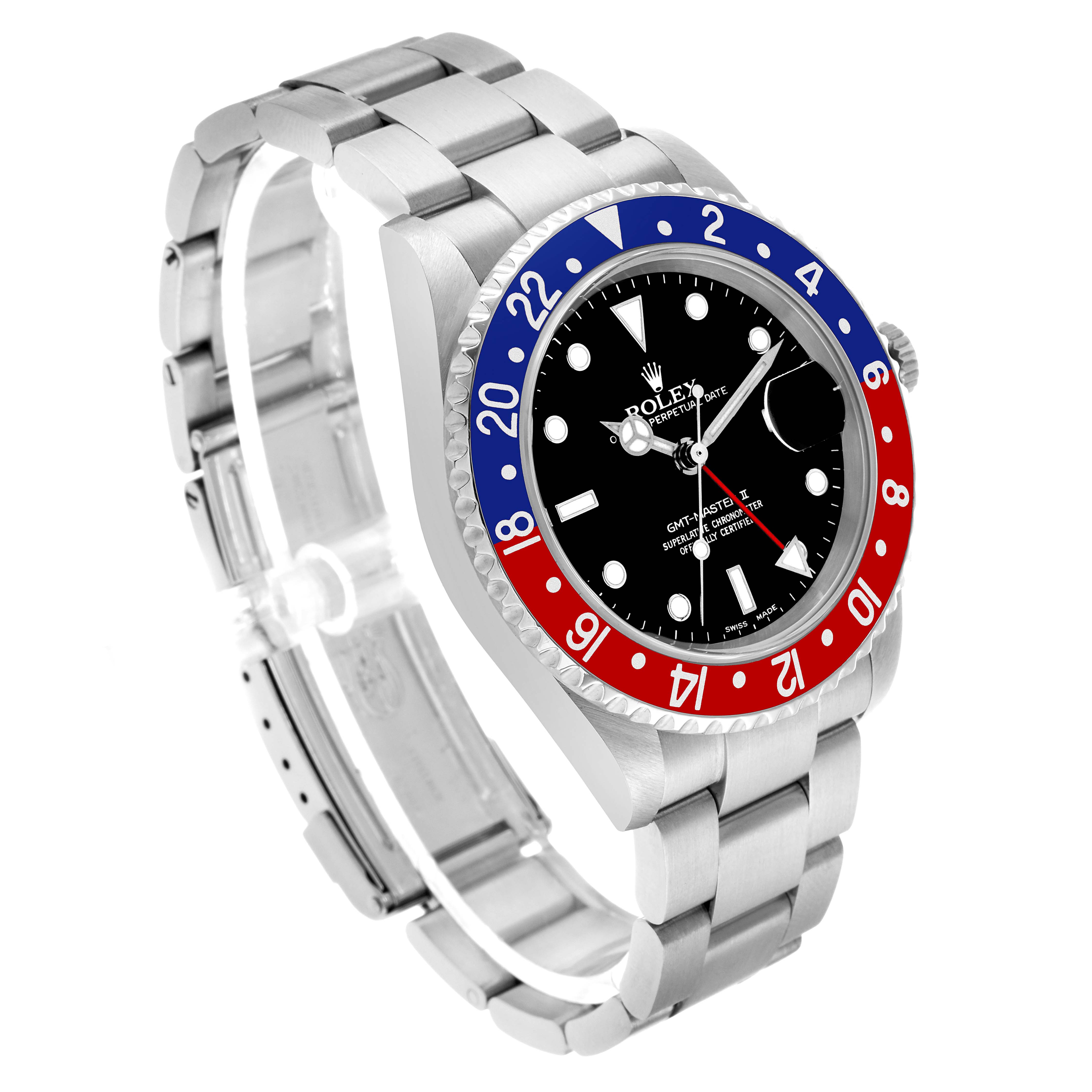 The Rolex GMT-Master 16710 Men's Stainless Steel Black Dial watch is shown at a three-quarter angle, displaying its face, bezel, and bracelet.