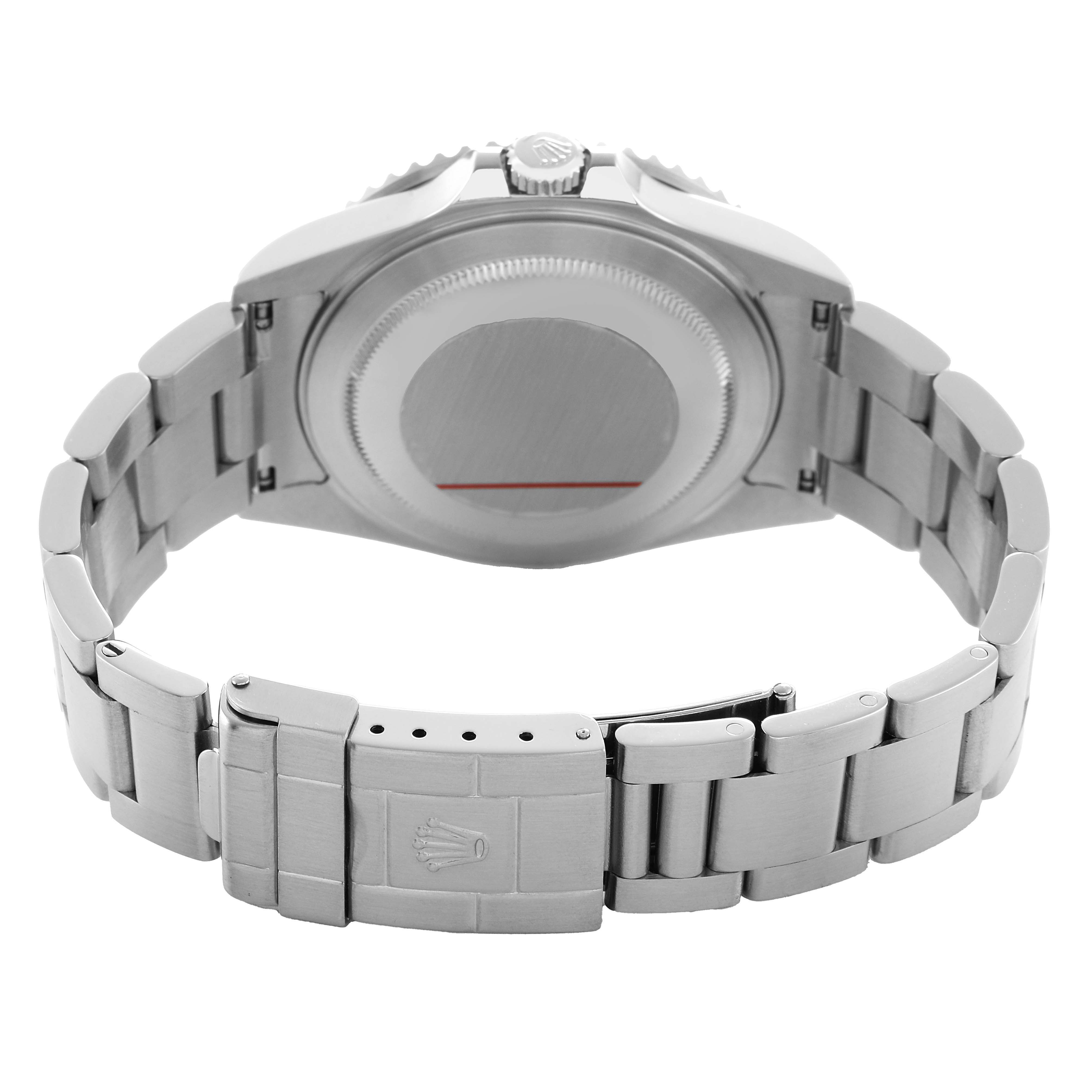 The image shows the rear view of a Rolex GMT-Master 16710 Men's Stainless Steel Black Dial, focusing on the case back and bracelet clasp.