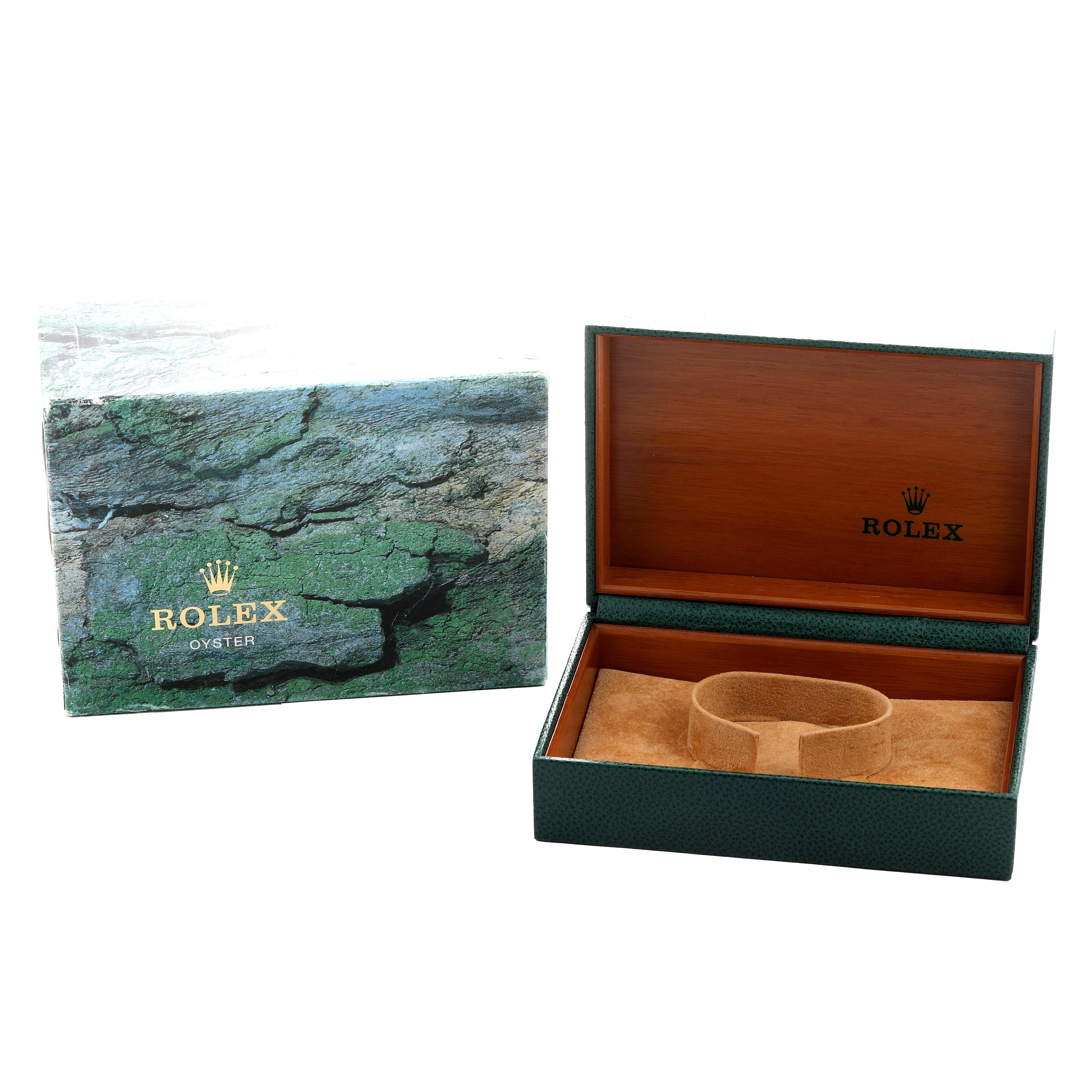 The image shows a Rolex GMT-Master 16710 Men's Stainless Steel Black Dial watch box and outer packaging, with the box open, angled slightly to reveal the interior.