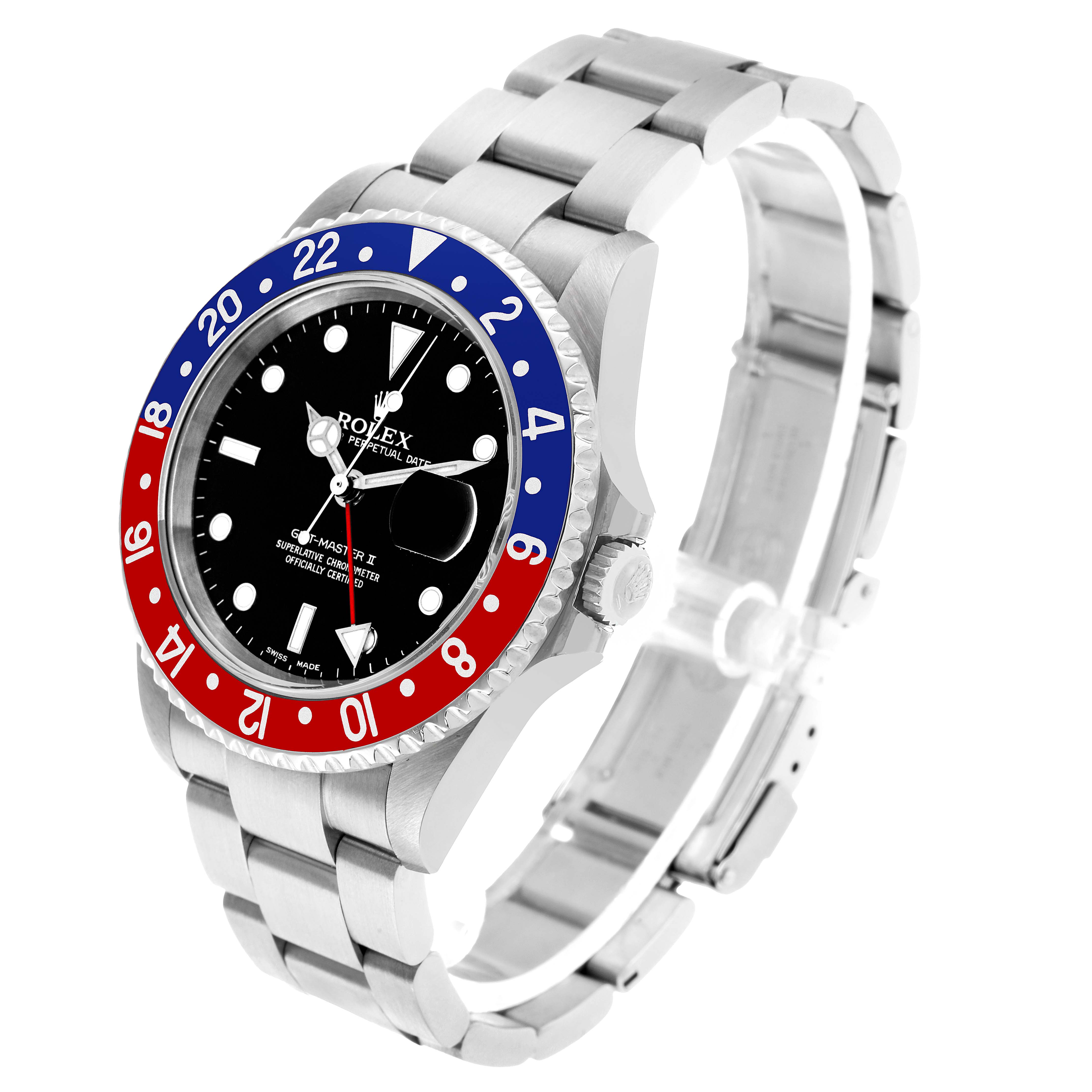 The Rolex GMT-Master 16710 Men's Stainless Steel Black Dial watch is shown at a three-quarter angle, highlighting the bezel, dial, and bracelet.