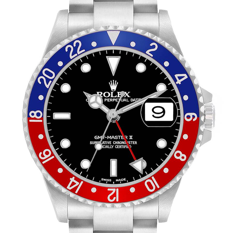 The Rolex GMT-Master 16710 Men's Stainless Steel Black Dial watch is shown from a front angle, displaying its bezel, dial, and bracelet.