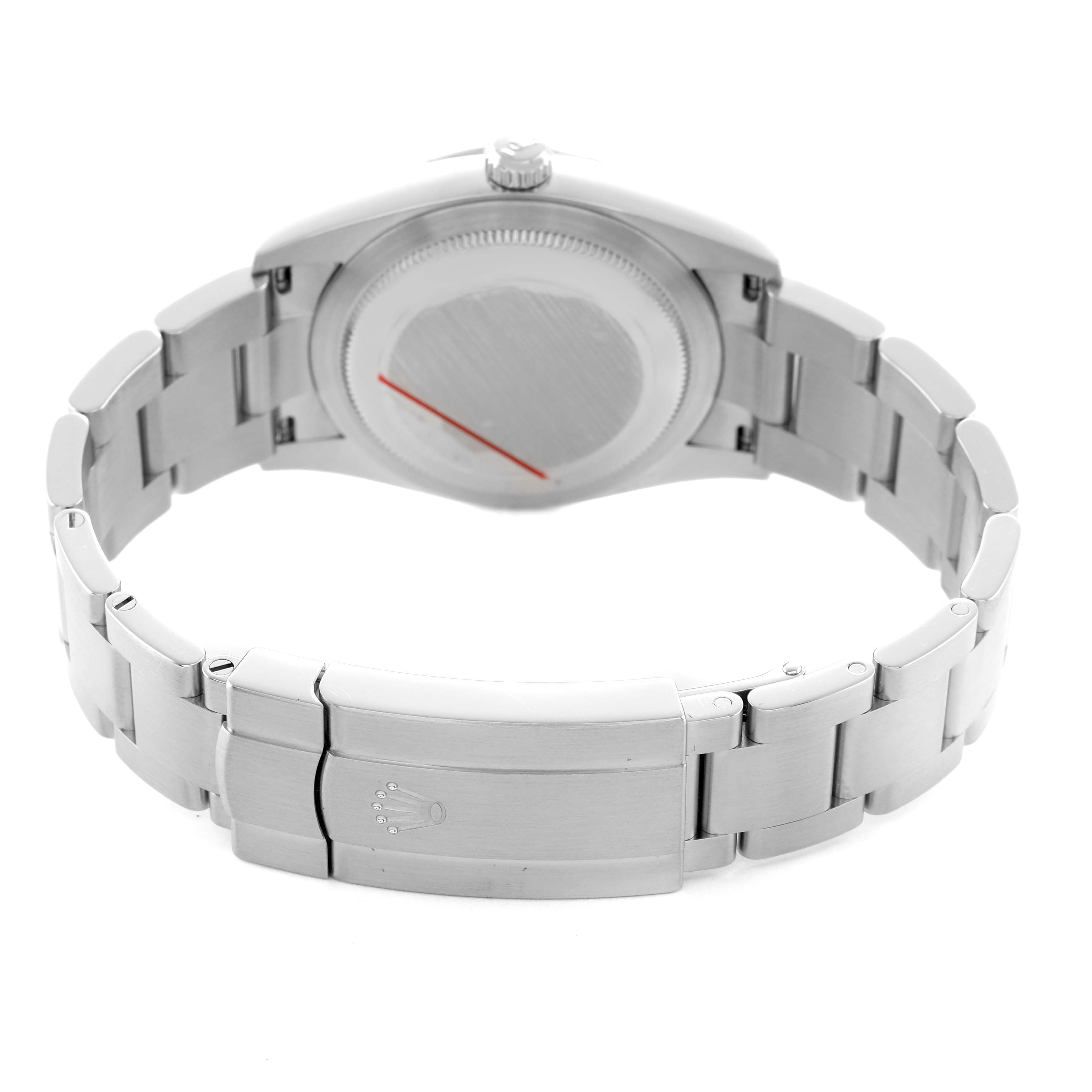 The image shows the back view of a Rolex Oyster Perpetual 124200 Men's Stainless Steel Black Dial watch, highlighting the bracelet, clasp, and case back.