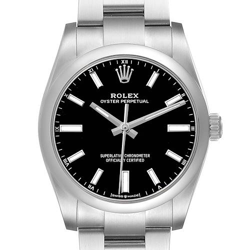 Photo of Rolex Oyster Perpetual 34 Steel Black Dial Mens Watch 124200 Box Card