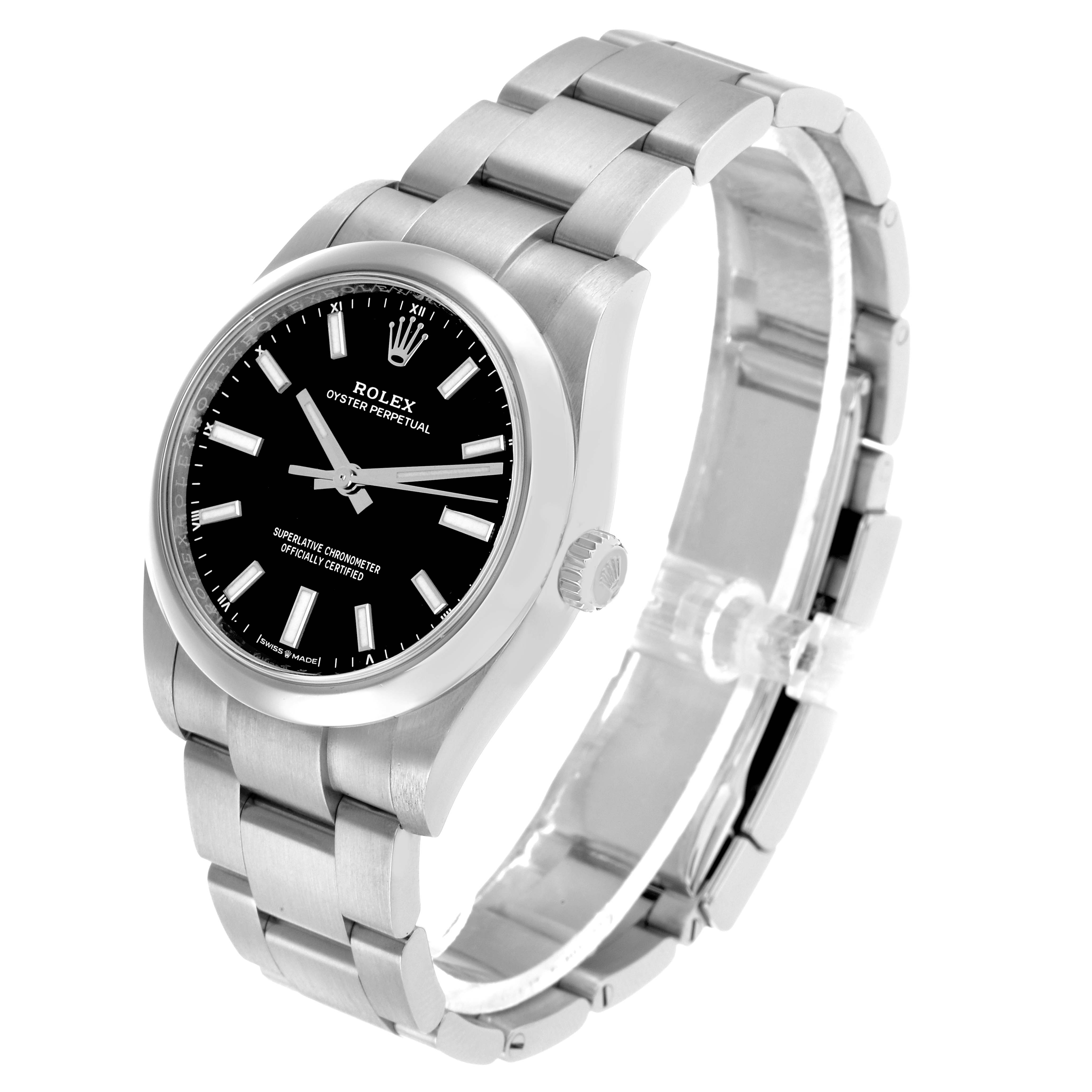 The Rolex Oyster Perpetual 124200 Men's Stainless Steel Black Dial watch is shown at a three-quarter angle, highlighting the dial, bezel, bracelet, and crown.