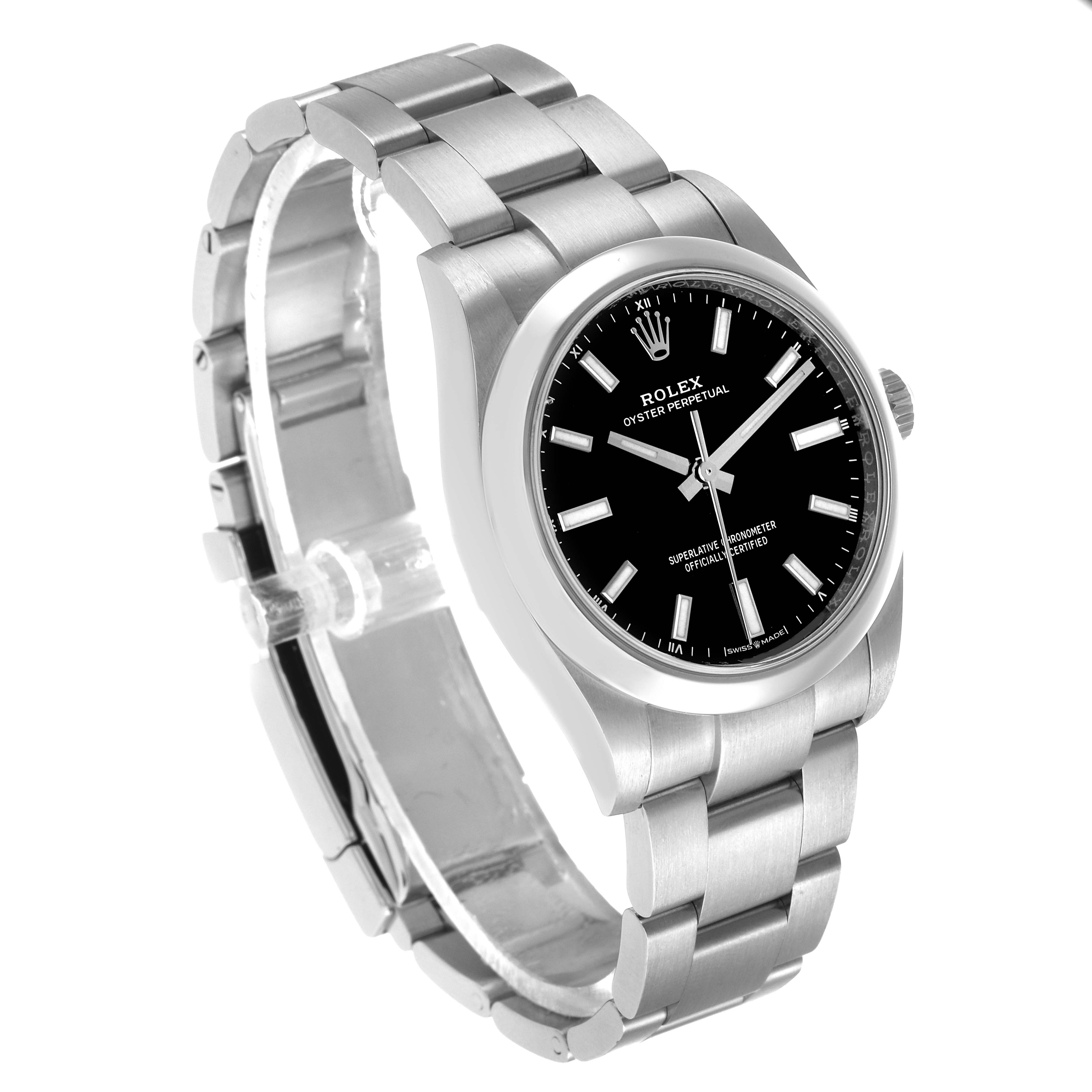 The image shows a Rolex Oyster Perpetual 124200 Men's Stainless Steel Black Dial watch at an angled view, highlighting the dial, bezel, and bracelet.