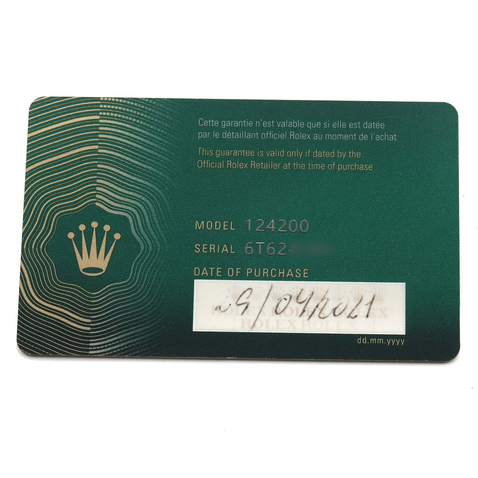 The image shows a warranty card for the Rolex Oyster Perpetual 124200 Men's Stainless Steel Black Dial, featuring model and serial numbers.