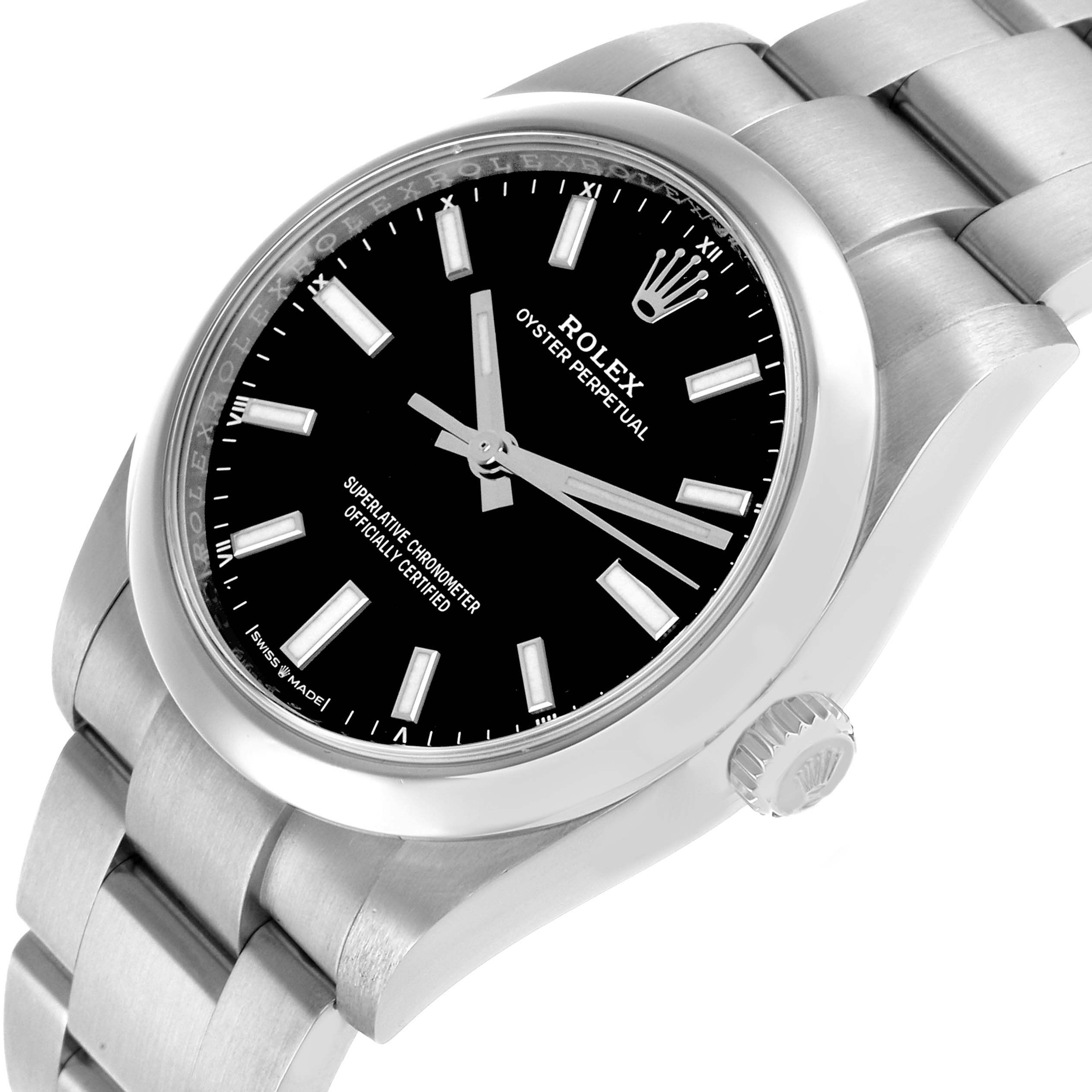 The Rolex Oyster Perpetual 124200 Men's Stainless Steel Black Dial watch is shown at an angled side view, displaying the face, bezel, crown, and part of the bracelet.