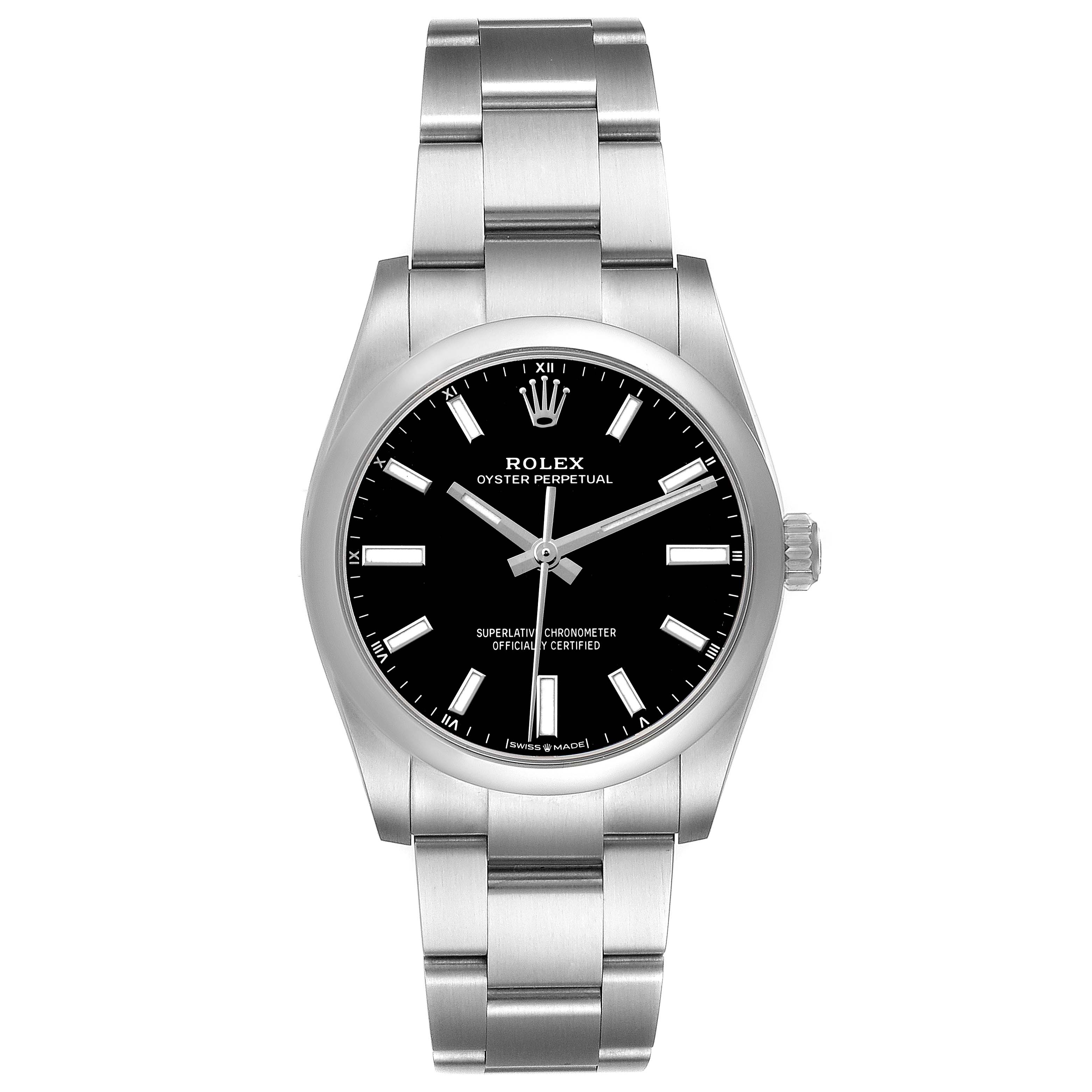 The Rolex Oyster Perpetual 124200 Men's Stainless Steel Black Dial watch is shown from a frontal angle, displaying the dial, bezel, bracelet, and crown.