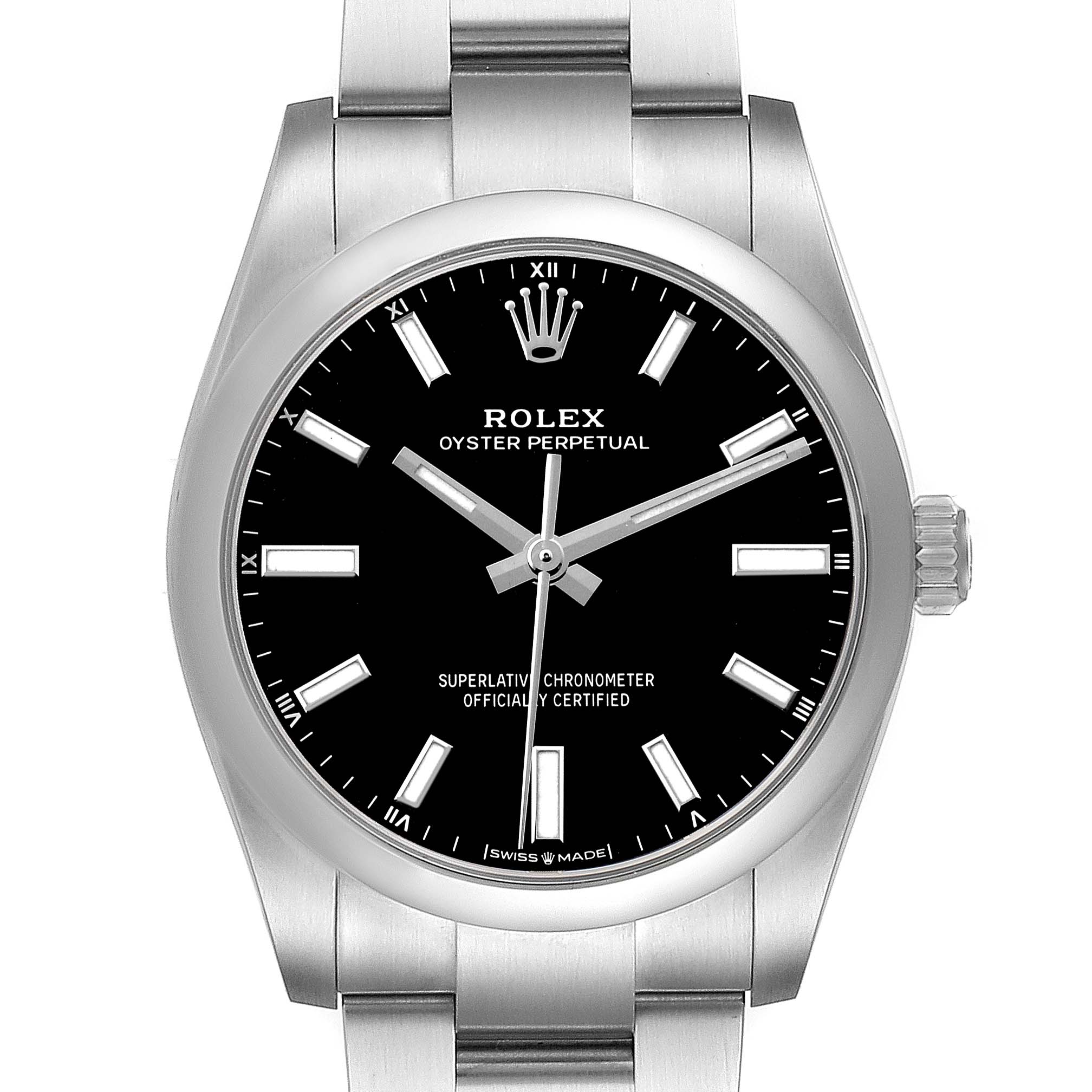 The Rolex Oyster Perpetual 124200 Men's Stainless Steel Black Dial watch is shown from a front angle, displaying the dial, hands, crown, and part of the bracelet.