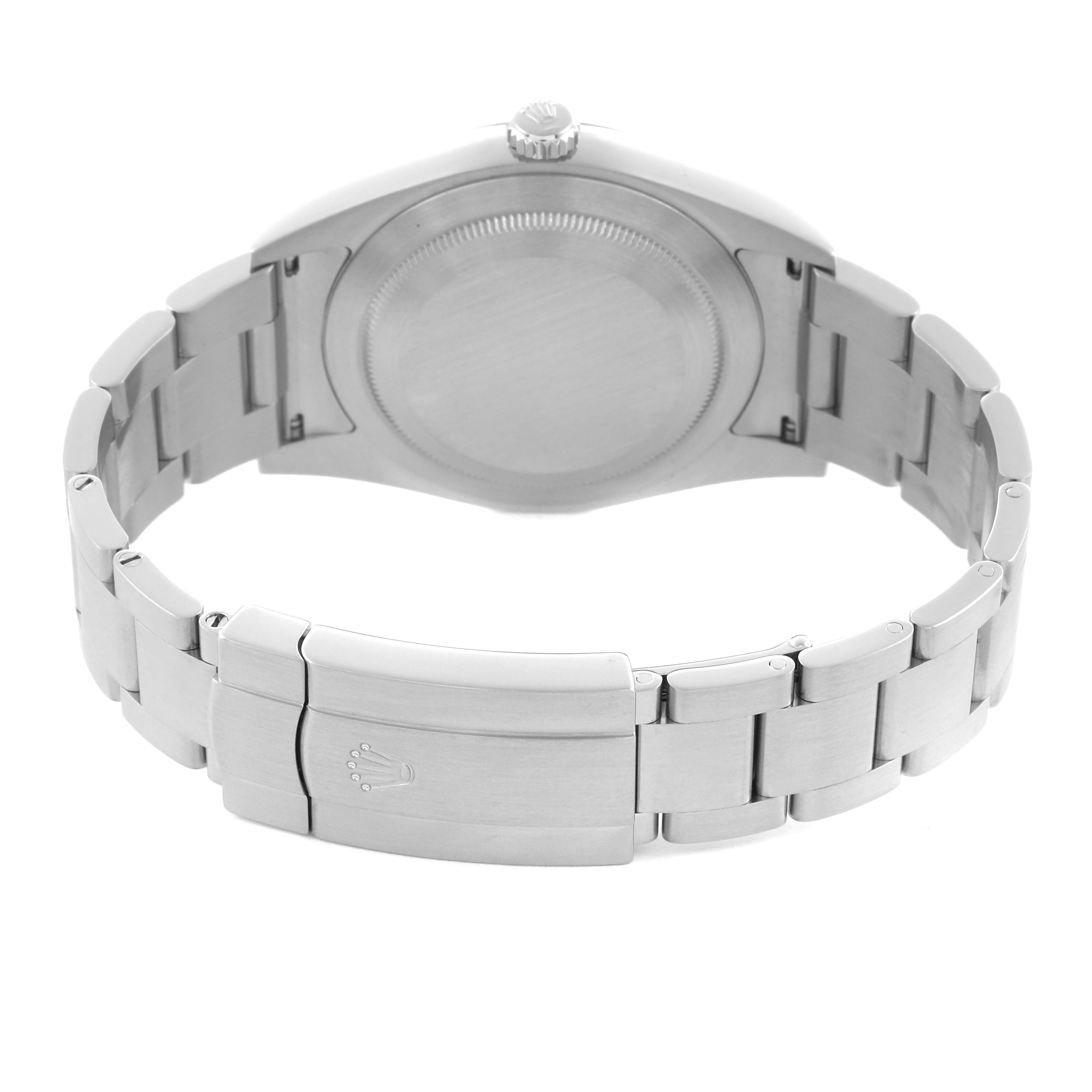 The image shows the back view of a Rolex Oyster Perpetual 114300 Men's Stainless Steel Blue Dial 114300 Men's Stainless Steel Blue Dial watch, highlighting the clasp and bracelet.