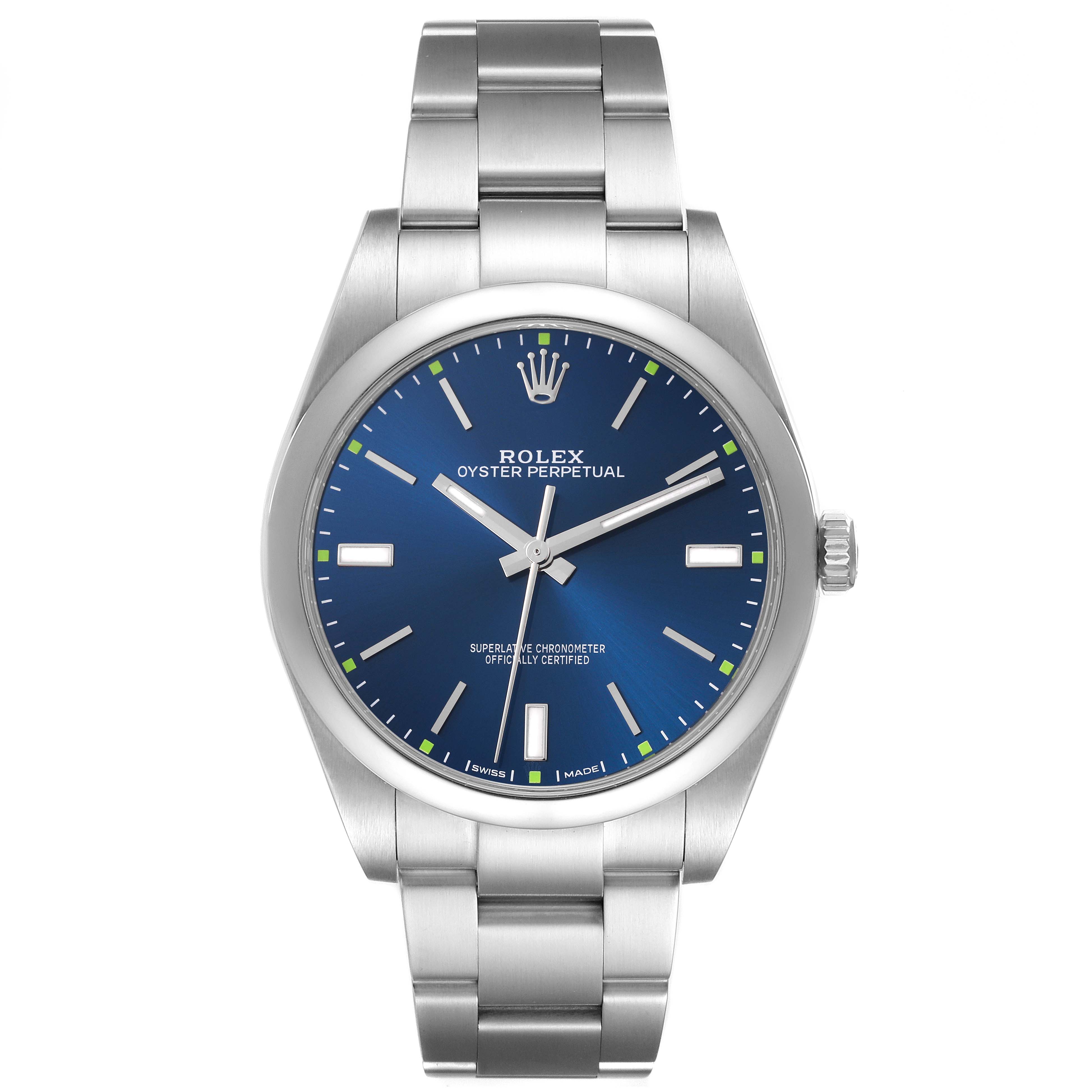 The Rolex Oyster Perpetual 114300 Men's Stainless Steel Blue Dial 114300 Men's Stainless Steel Blue Dial watch is shown from a frontal angle, displaying the dial, bezel, and bracelet.