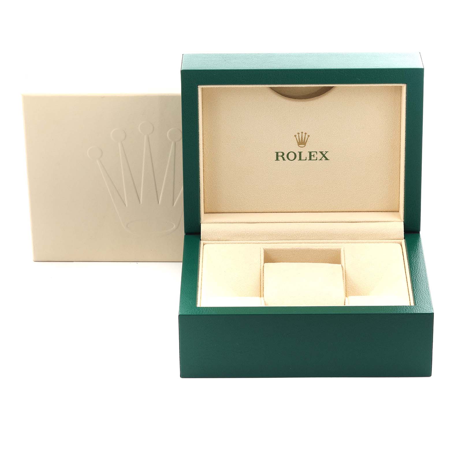 This image shows the open box for a Rolex Oyster Perpetual 114300 Men's Stainless Steel Blue Dial 114300 Men's Stainless Steel Blue Dial watch, featuring the brand logo on the lid.