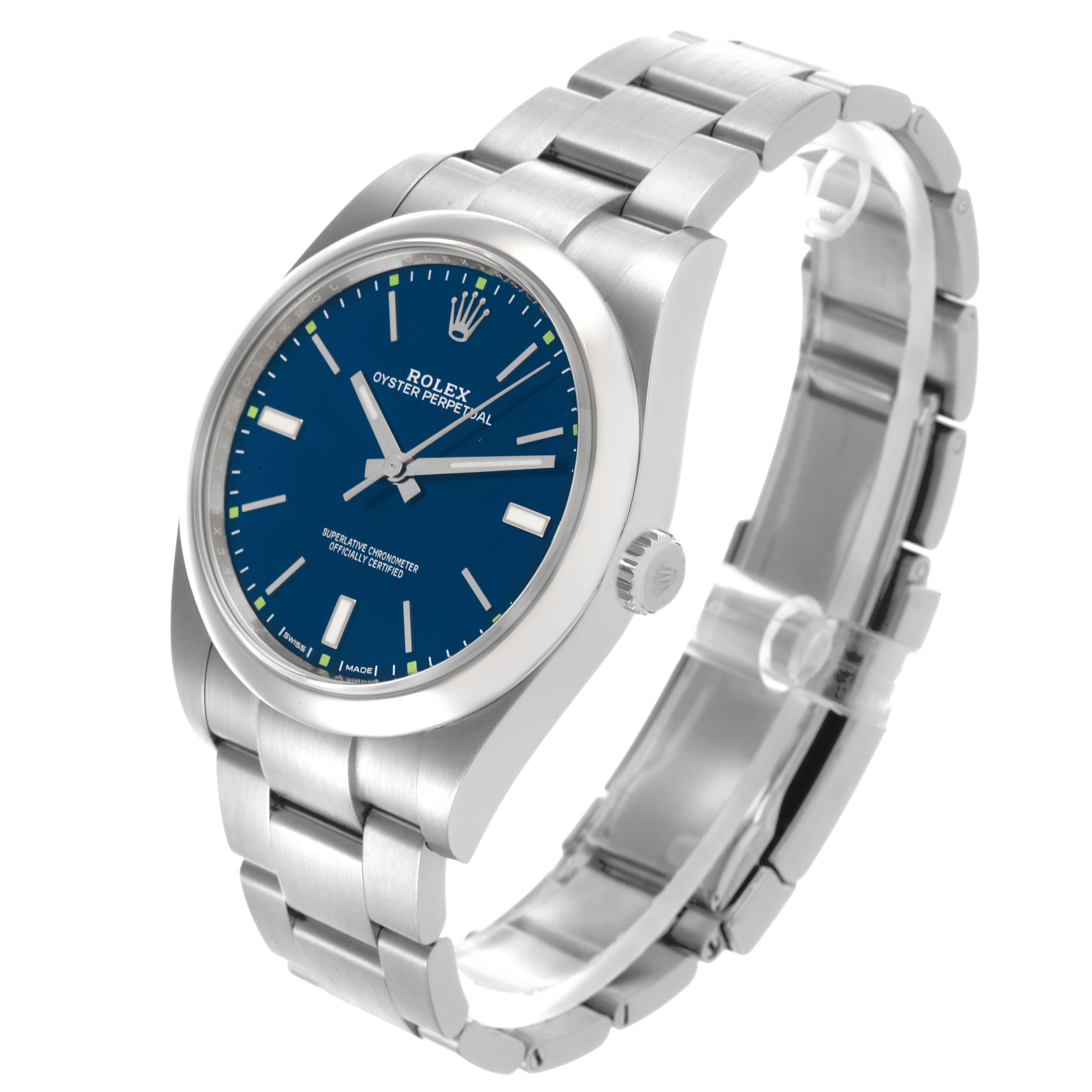 The Rolex Oyster Perpetual 114300 Men's Stainless Steel Blue Dial 114300 Men's Stainless Steel Blue Dial is shown at a three-quarter angle, highlighting the blue dial, bracelet, and side crown.
