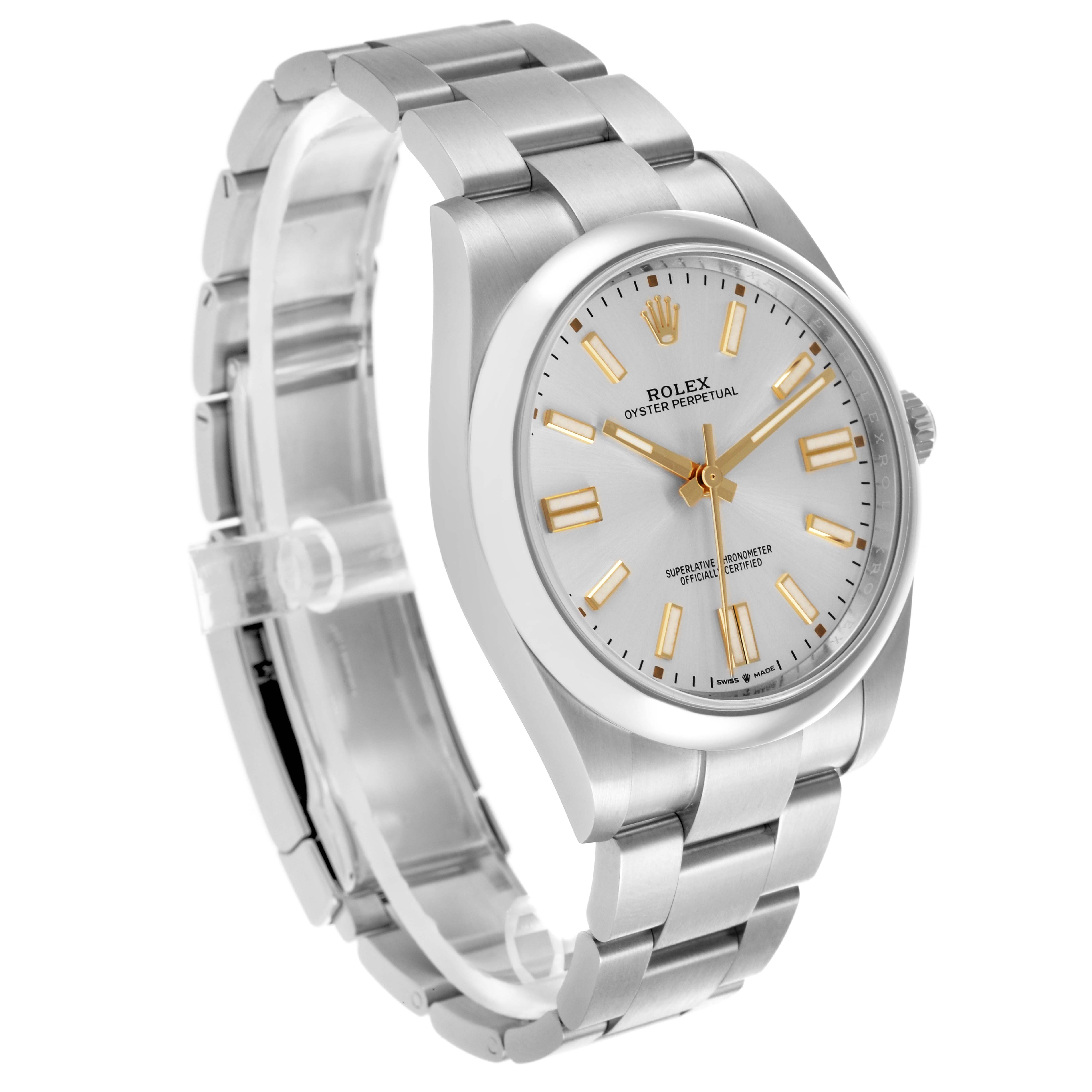 The Rolex Oyster Perpetual 124300 Men's Stainless Steel Silver Dial 124300 Men's Stainless Steel Silver Dial watch is shown at a three-quarter angle, highlighting the face, bezel, and bracelet links.