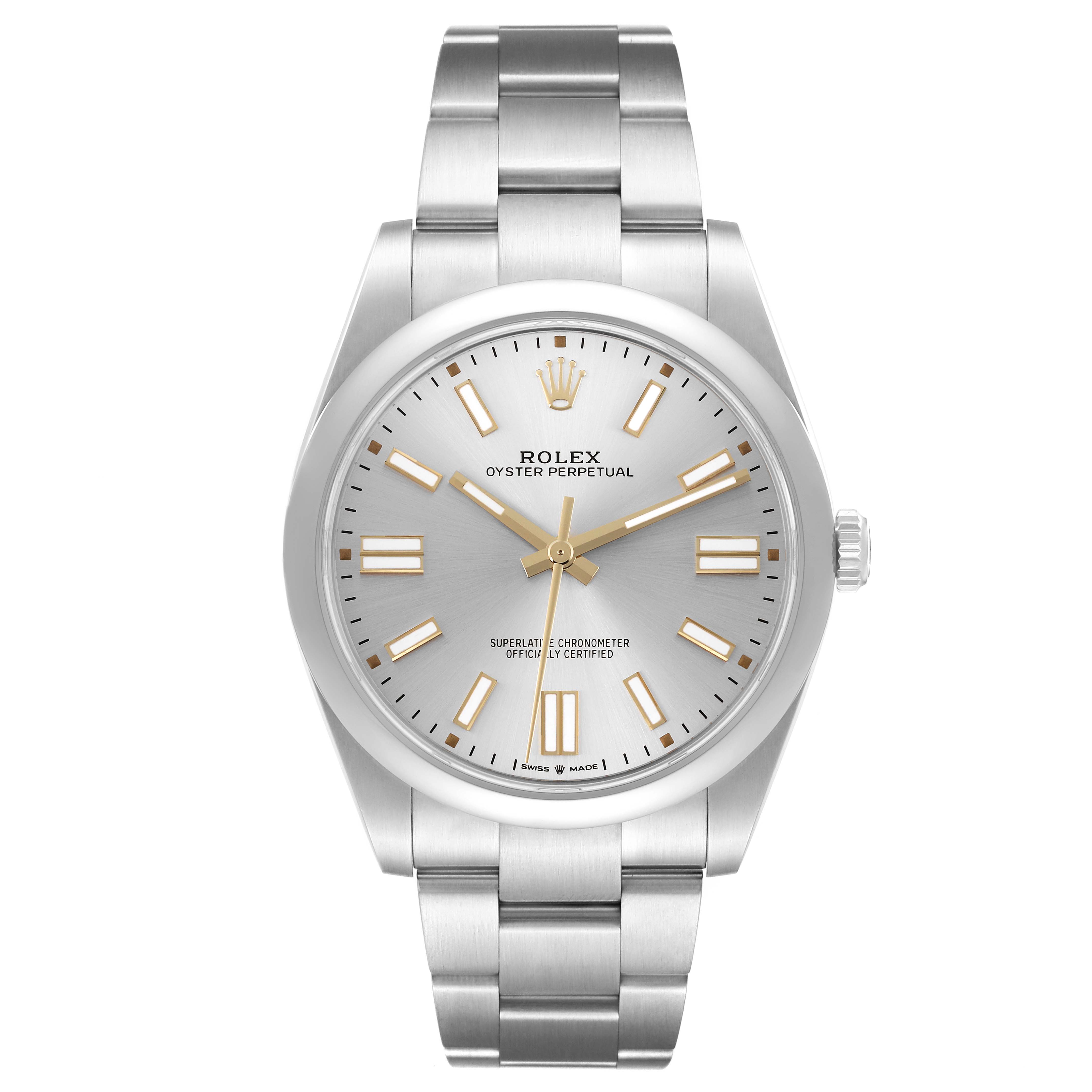 The Rolex Oyster Perpetual 124300 Men's Stainless Steel Silver Dial 124300 Men's Stainless Steel Silver Dial watch is shown from a front angle, displaying the full face and bracelet.