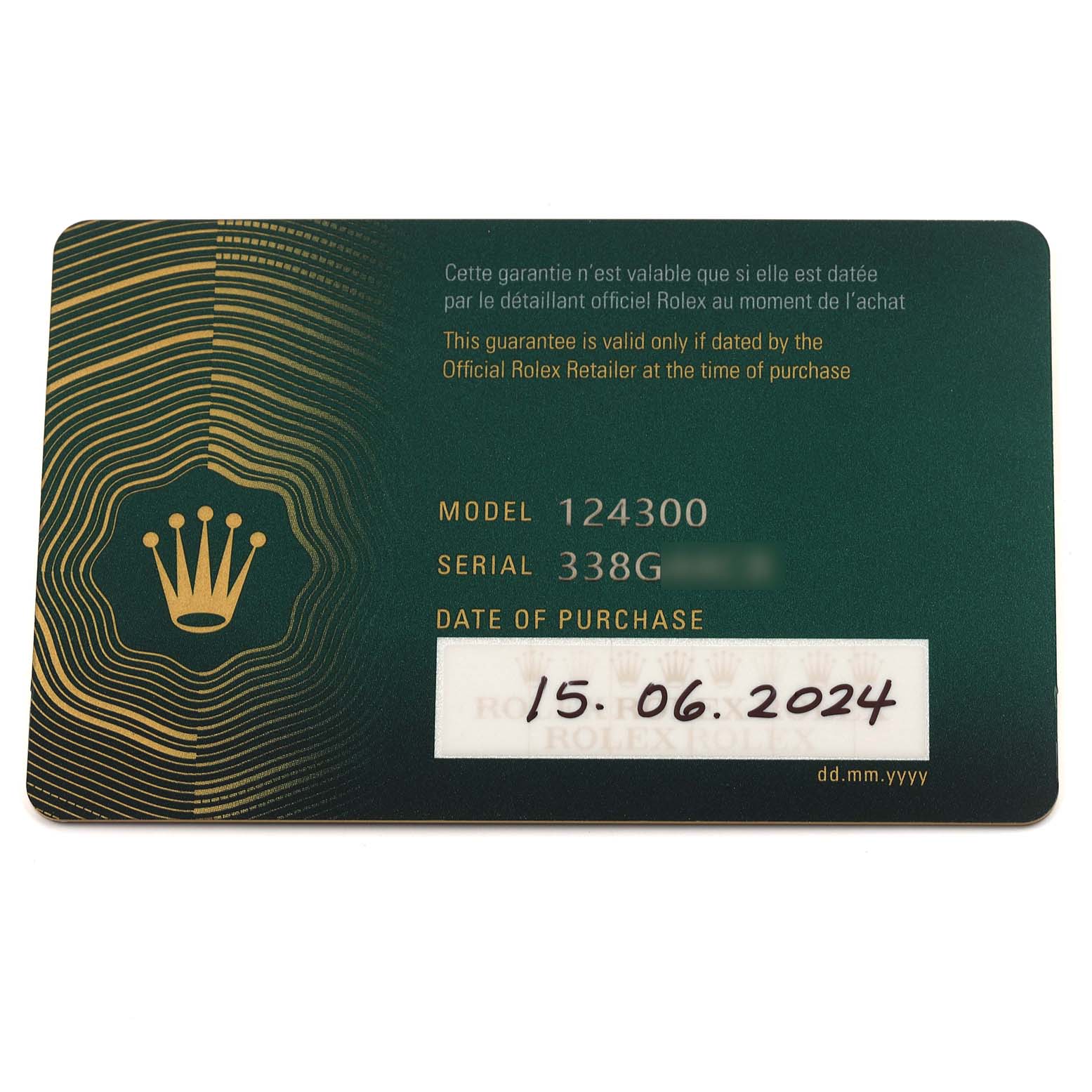 The image shows a Rolex Oyster Perpetual 124300 Men's Stainless Steel Silver Dial 124300 Men's Stainless Steel Silver Dial guarantee card with model and serial number details.